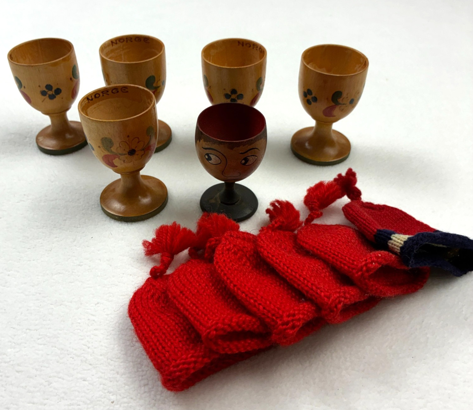 6 VTG Norwegian Wood Egg Cups Holders w/ Warming Covers Nordic Scandinavia MCM