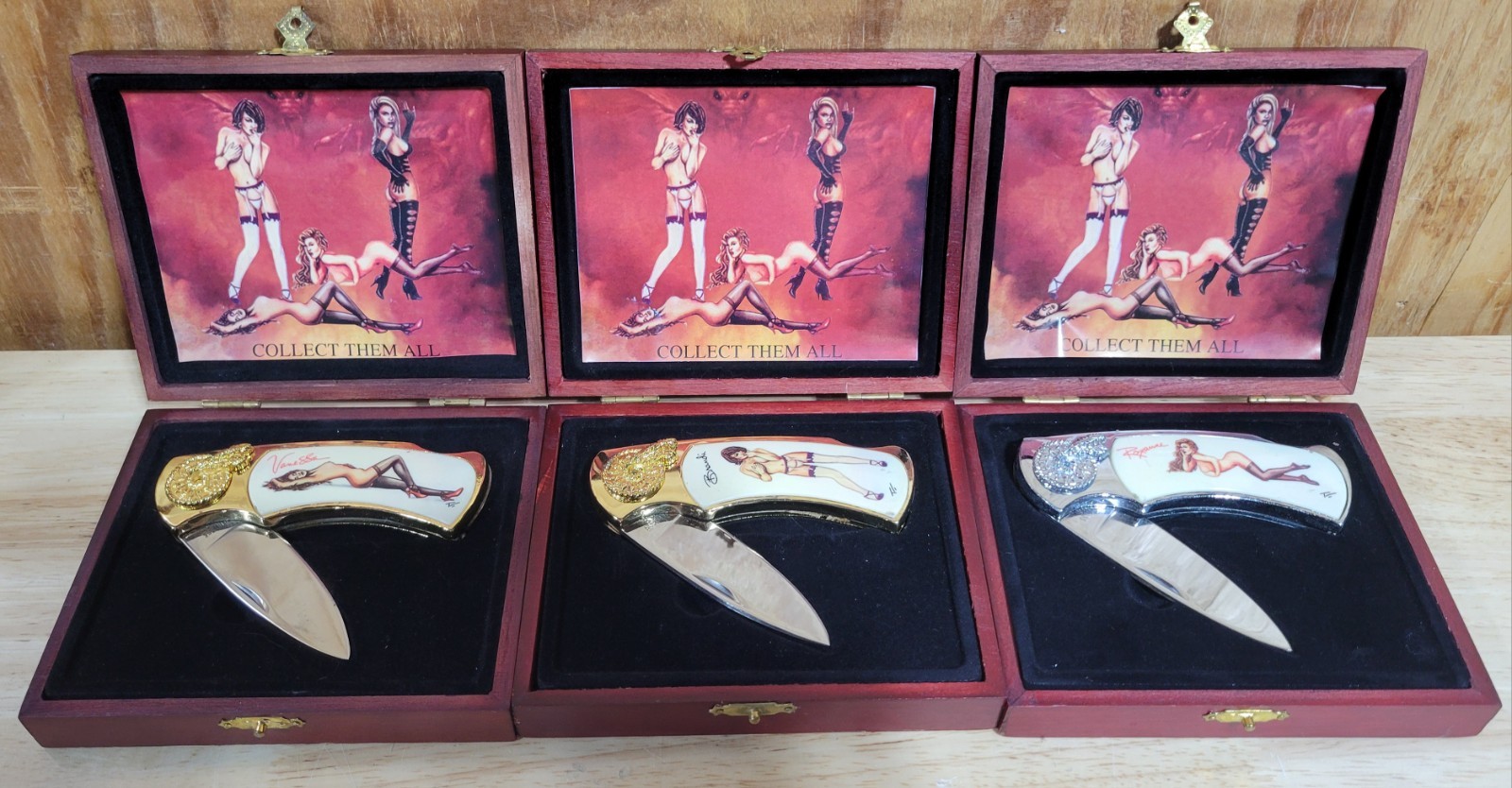3 Vtg Pinup Girls Folding Pocket Knife Stainless Polished Blade Limited Edition