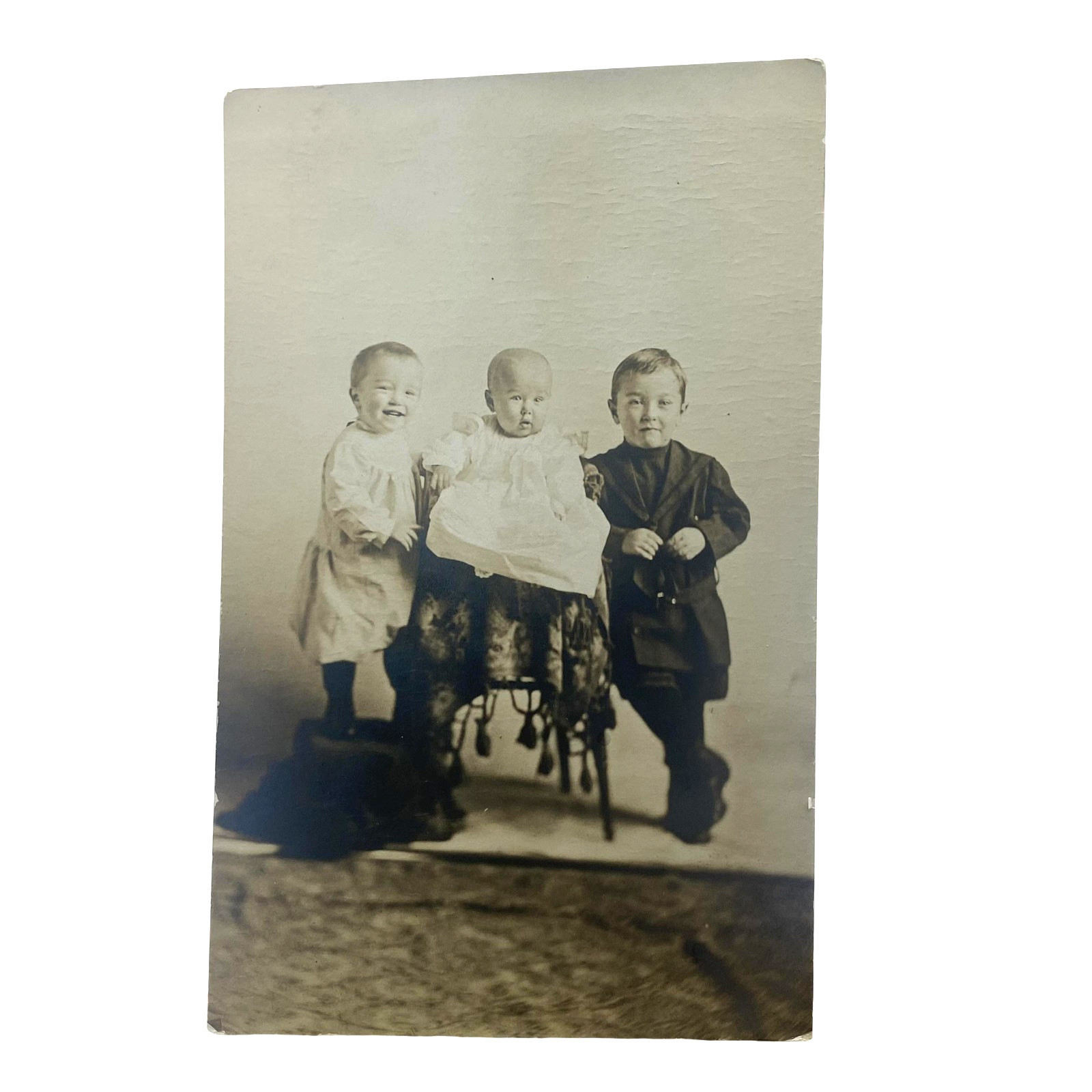 Vintage C1910s Three Children Baby Portrait RPPC Real Photo Postcard 3.5x5.5 AZO