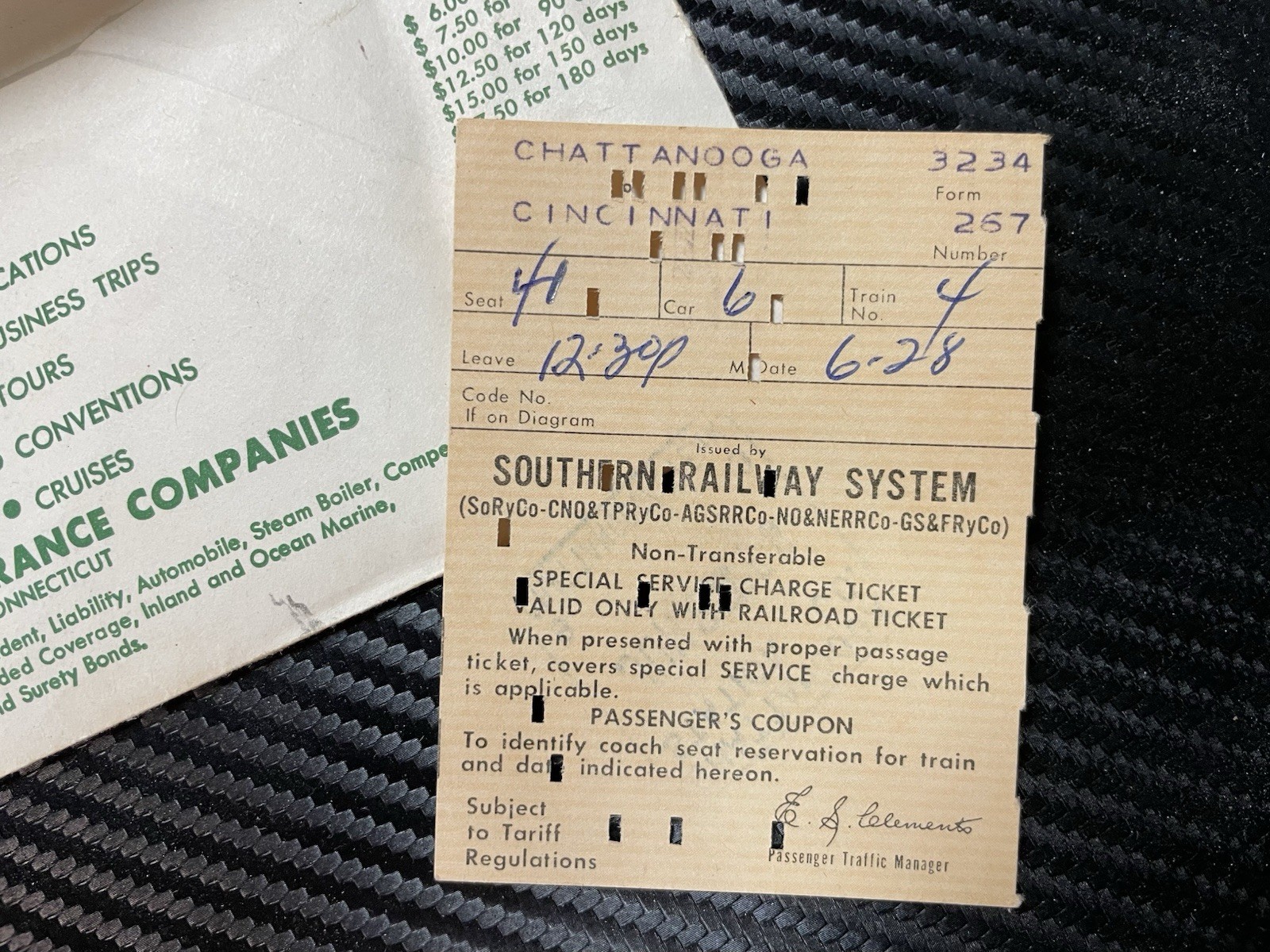 1956 Southern Railway Royal Palm Ticket Chattanooga Cincinnati With Envelope