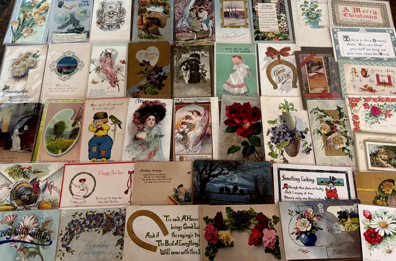 ~Lot of 43 Antique 1900's~Mixed Topics Greetings Postcards~All with stamps-s750