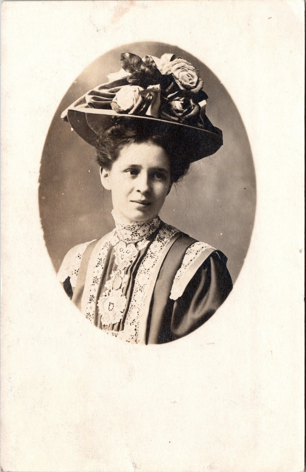 Postcard Real Photo RPPC Women with Large Hat Studio Photo Alma College Michigan