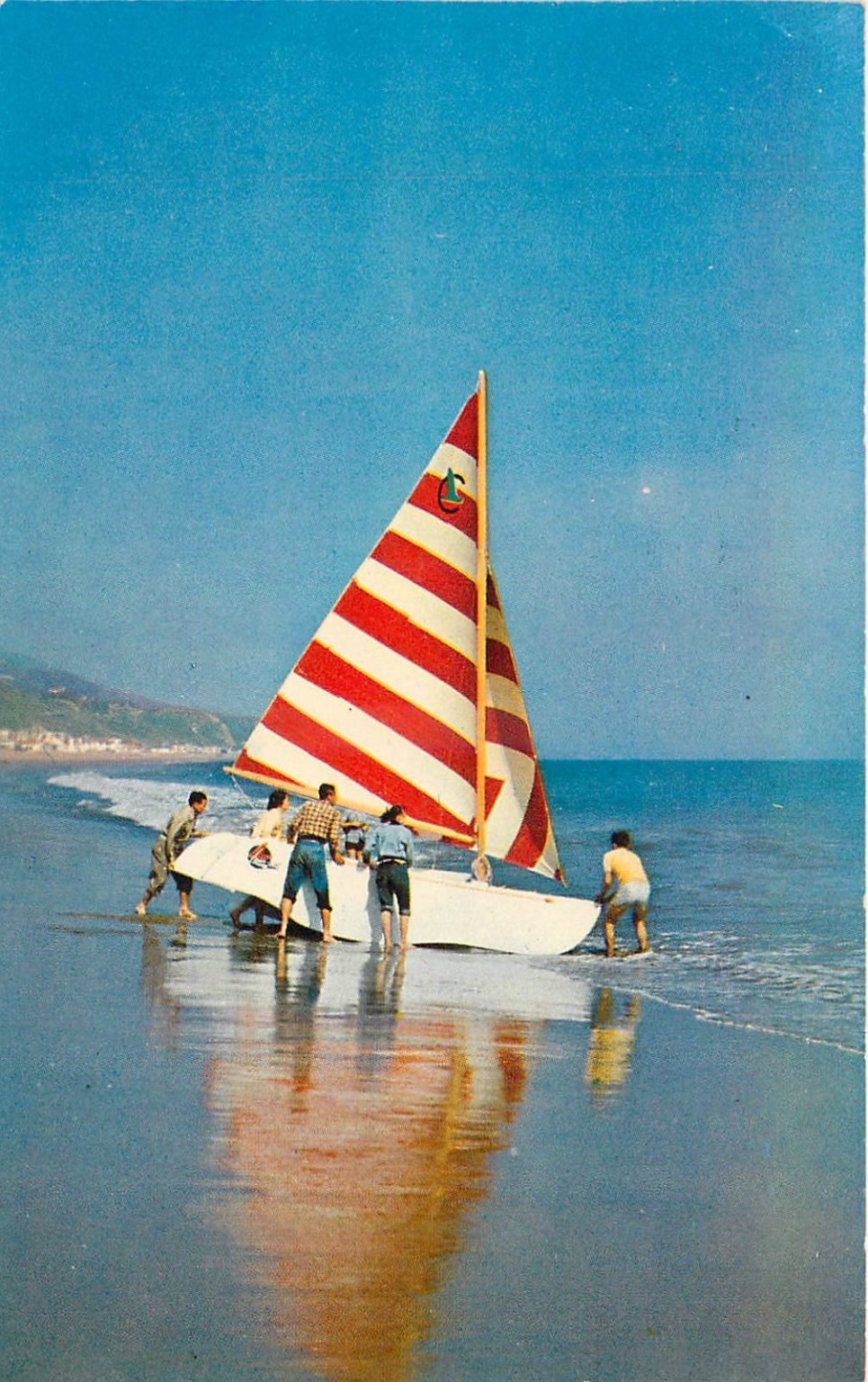Vintage Malibu CA Catamaran Sailboat Launching Beach Chrome Postcard 1950s