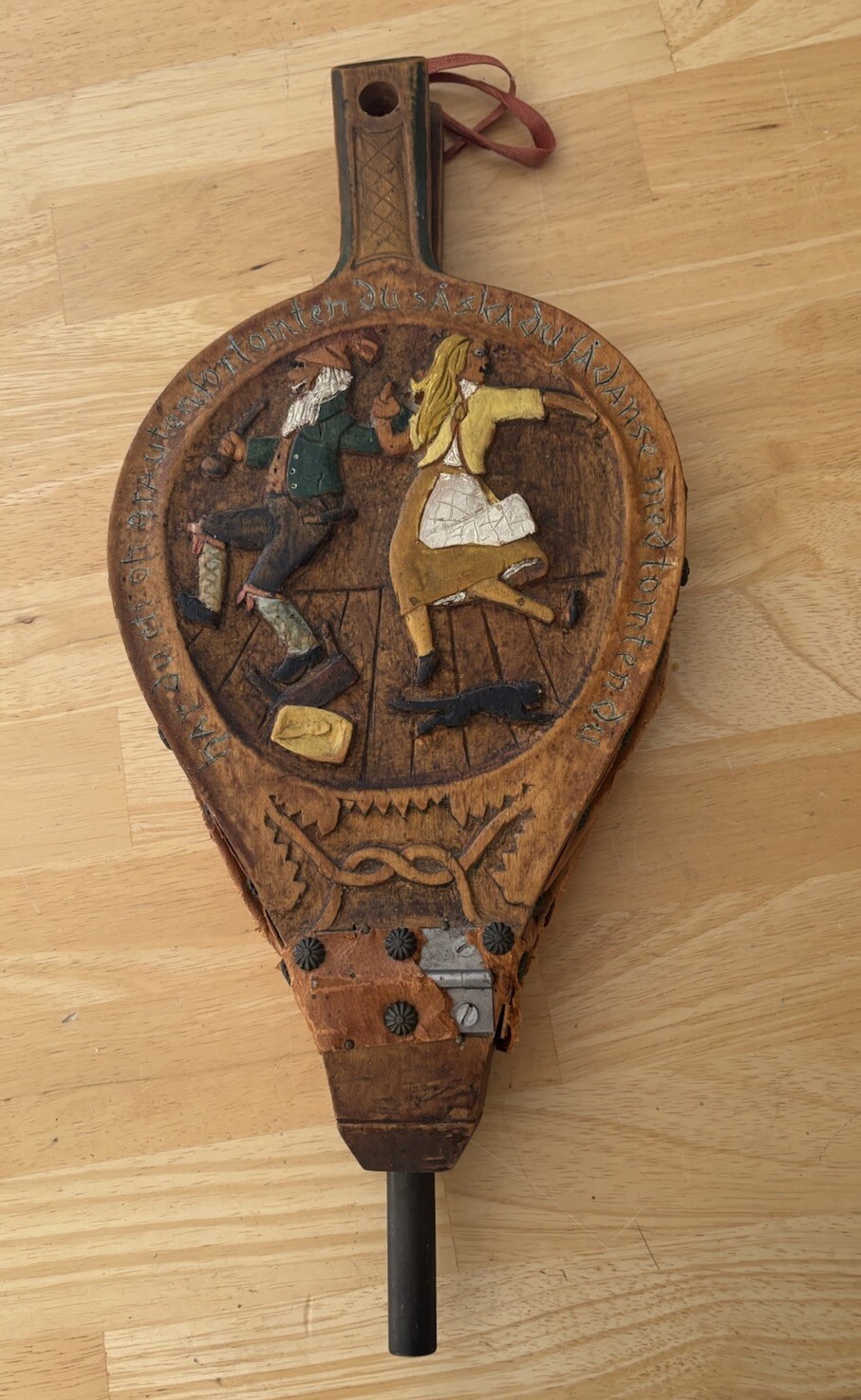 18.5” Wood & Leather Bellows Hand Carved Dancers Austria In 1936 Makers Initials
