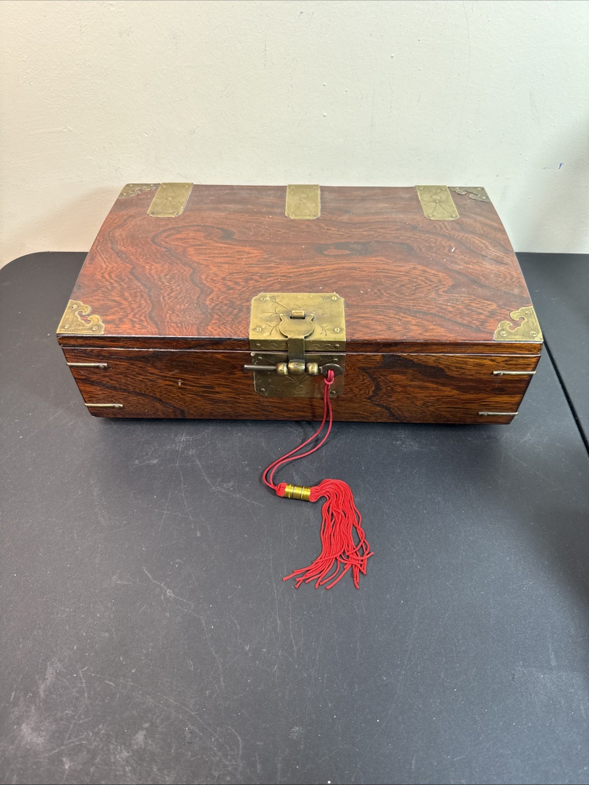 Vintage Chinese Scholar Document Box Hardwood Brass Calligraphy Interior