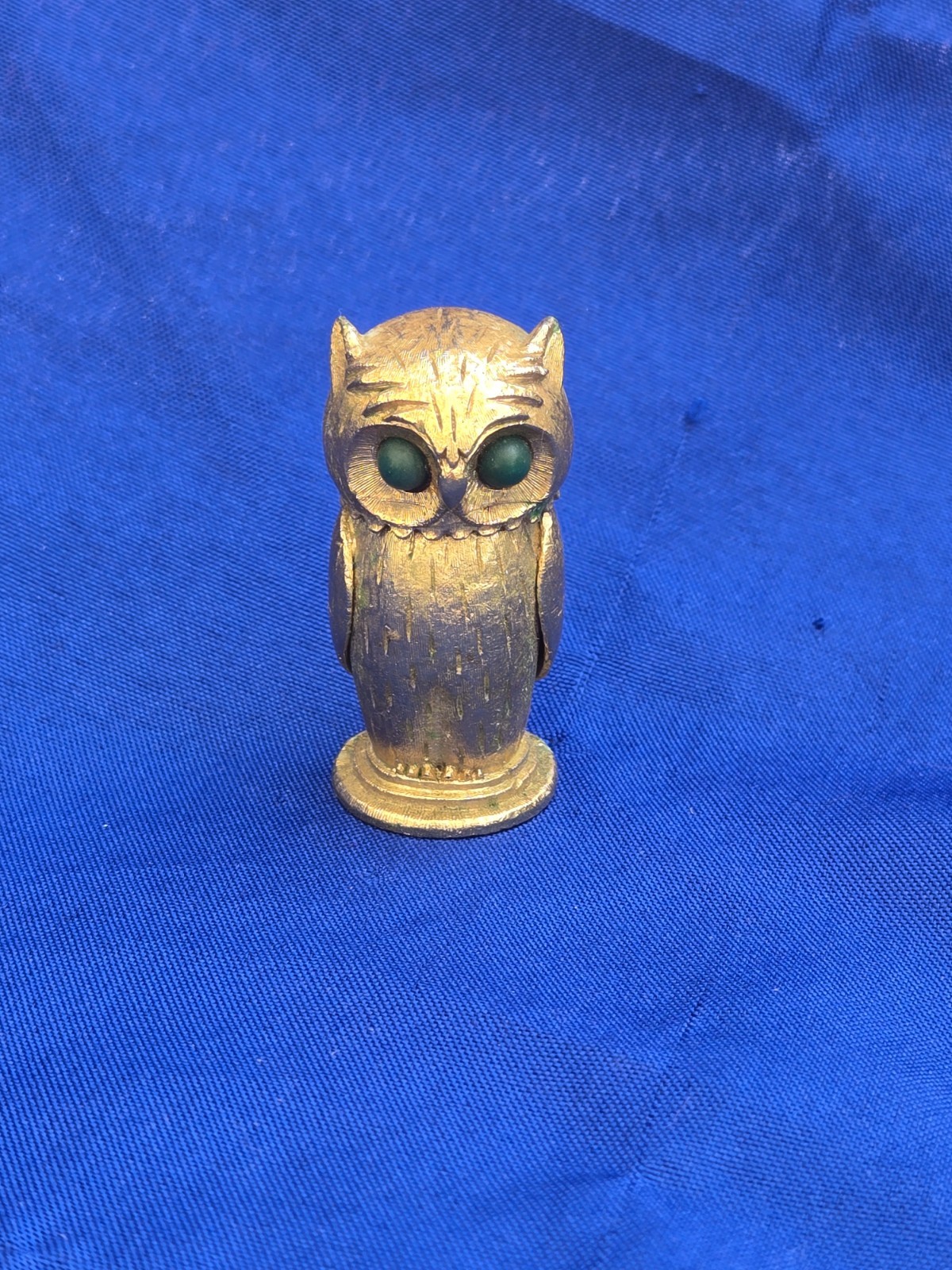 Vtg 1960s Florenza Gold tone Figural Owl  w Blue Cabochon Eyes Trinket Container