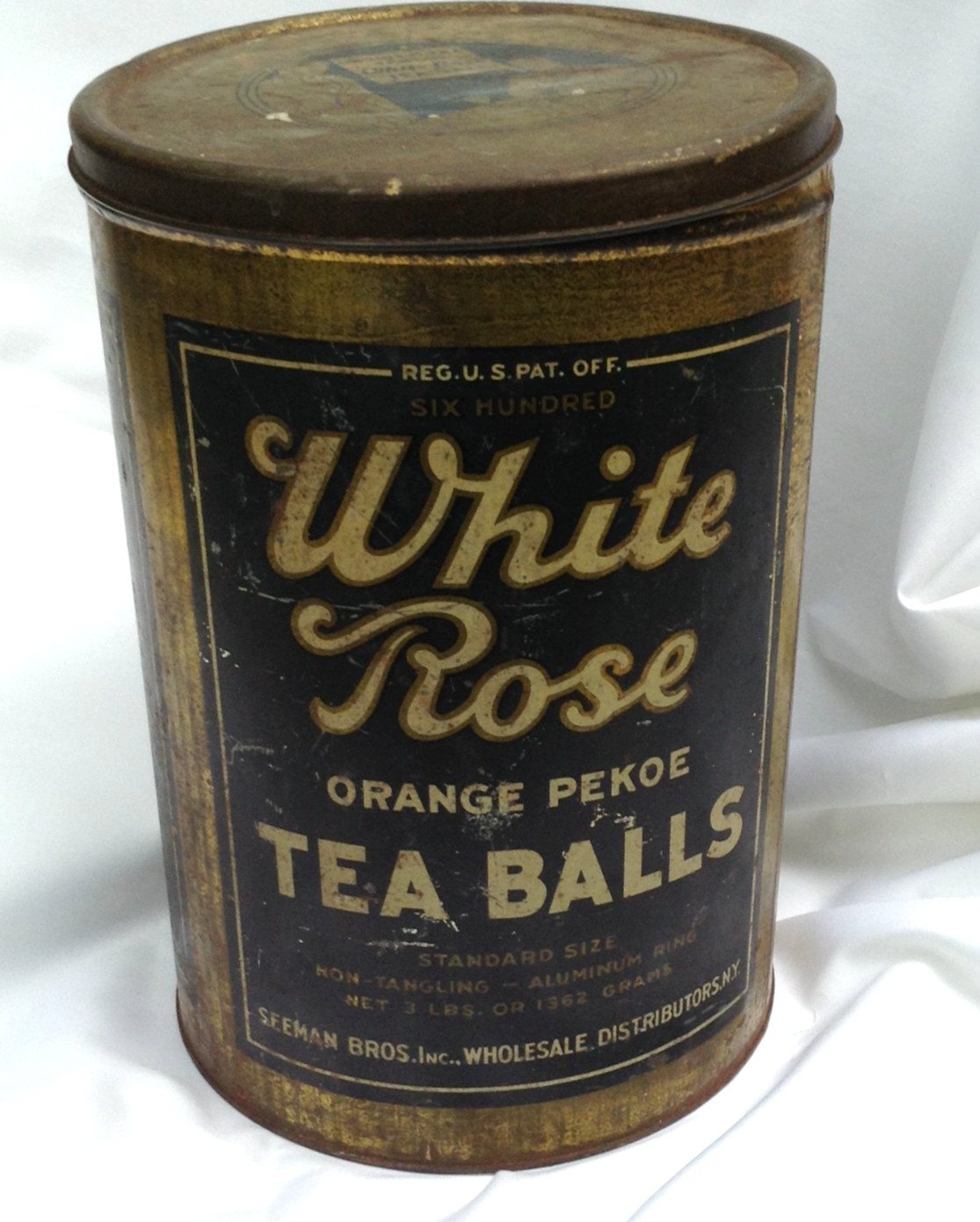 Vintage 3 lb.  White Rose Orange Pekoe 600 Tea Balls Tin - 11.5 X 8.25 inches