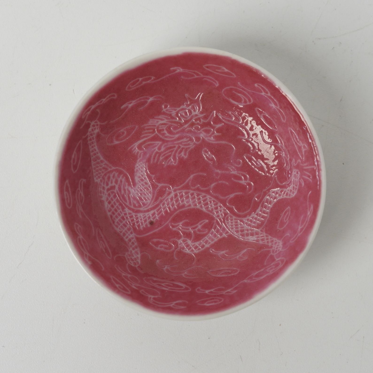 Vintage Chinese Carmine Rouge Red Sgraffito Dragon Dish 2.75\