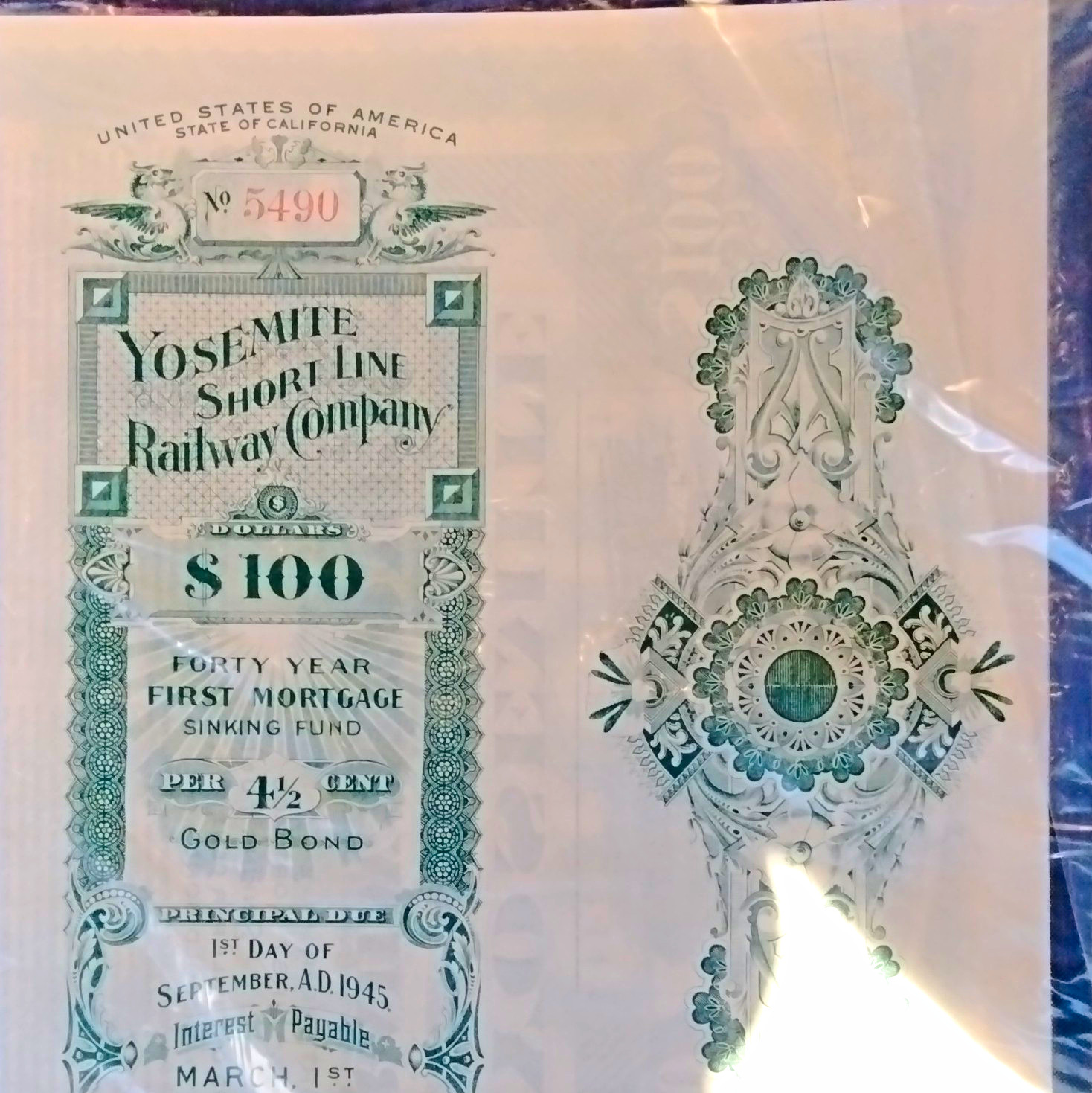 Yosemite Short Line Railway Co. $100 Gold Bond Certificate, Principal Due 1945