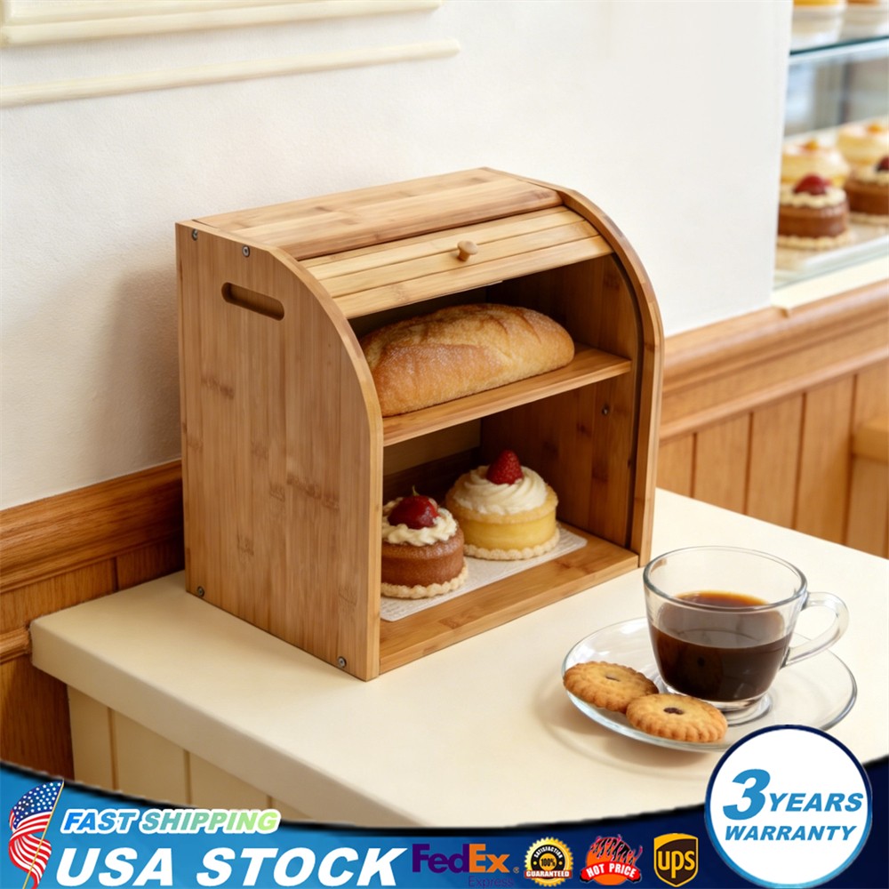 2-Layer Bread Box Bread Keeper Bamboo Wood With Lid Kitchen Storage Containers