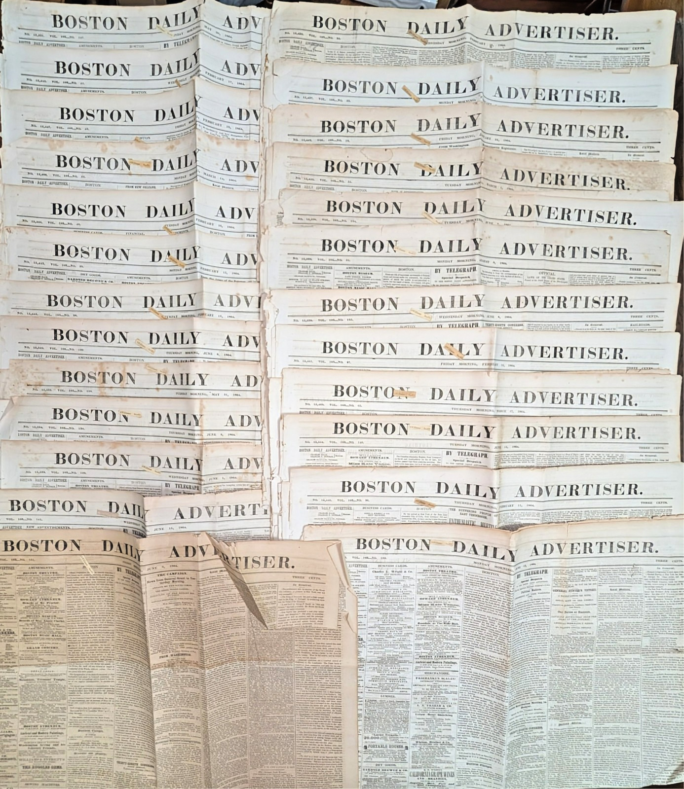 Twenty-Five Original 1864 Boston Daily Advertiser Civil War Newspapers
