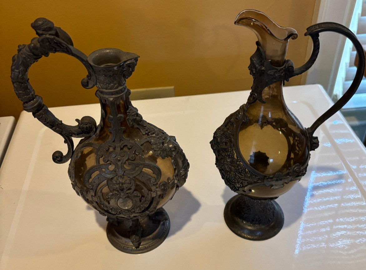 Two Antique Ornate 19th cen German Blown Amber Glass Pewter Carafe Decanter Ewer
