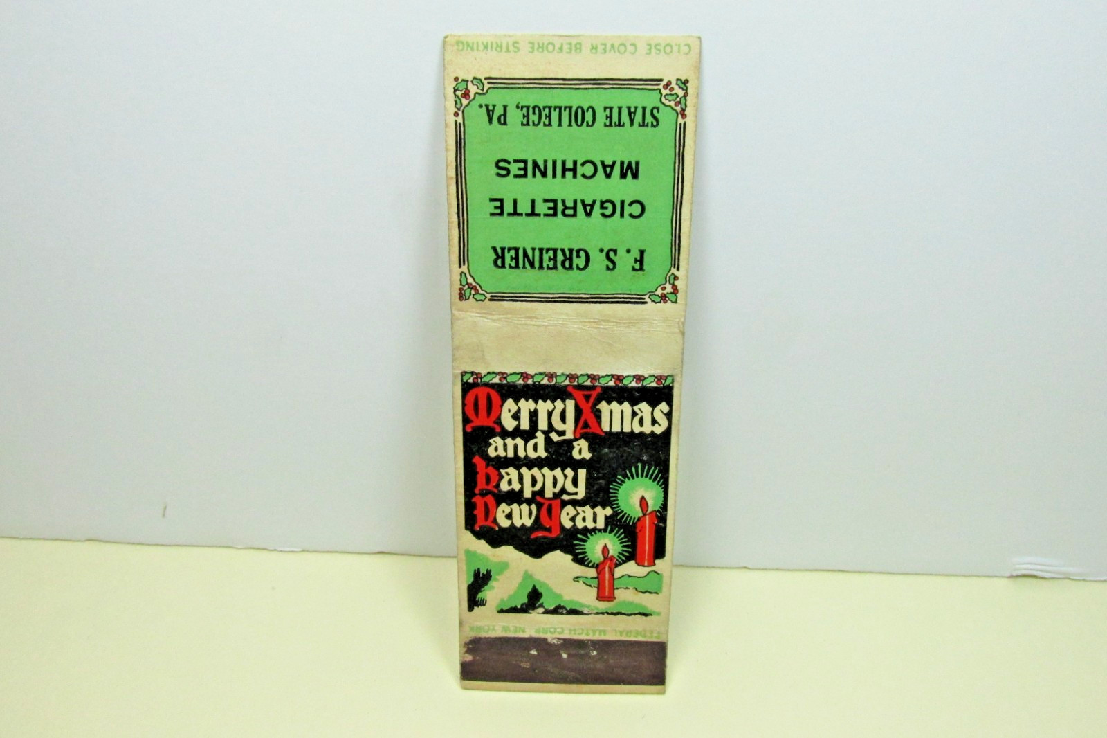 Seasons Greetings FS Greiner Cigarette Machines State College Pa Matchbook Cover