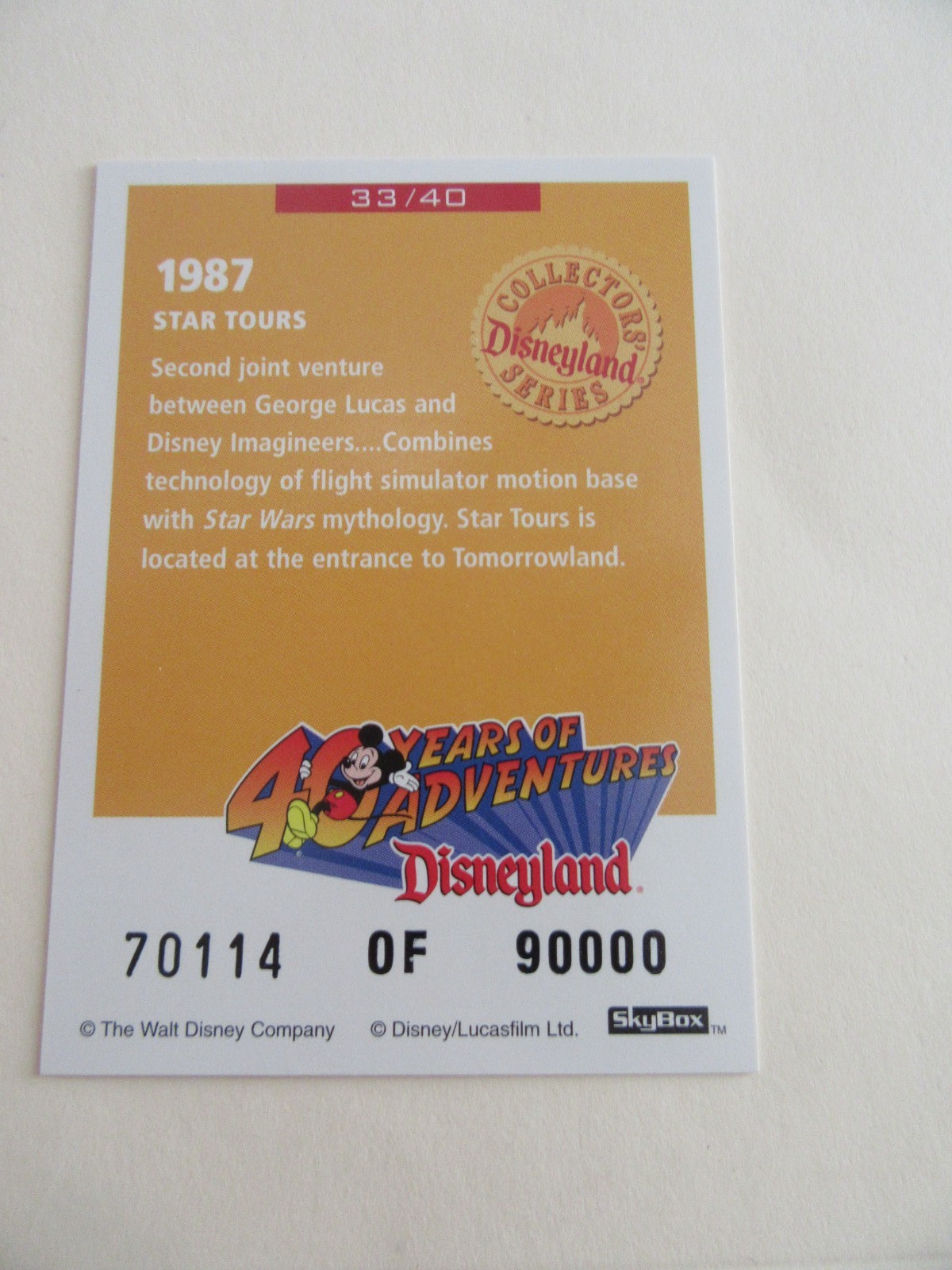Disneyland 40th Year Anniv. 1987 Star Tours Collector Card #70115 Of 90,000
