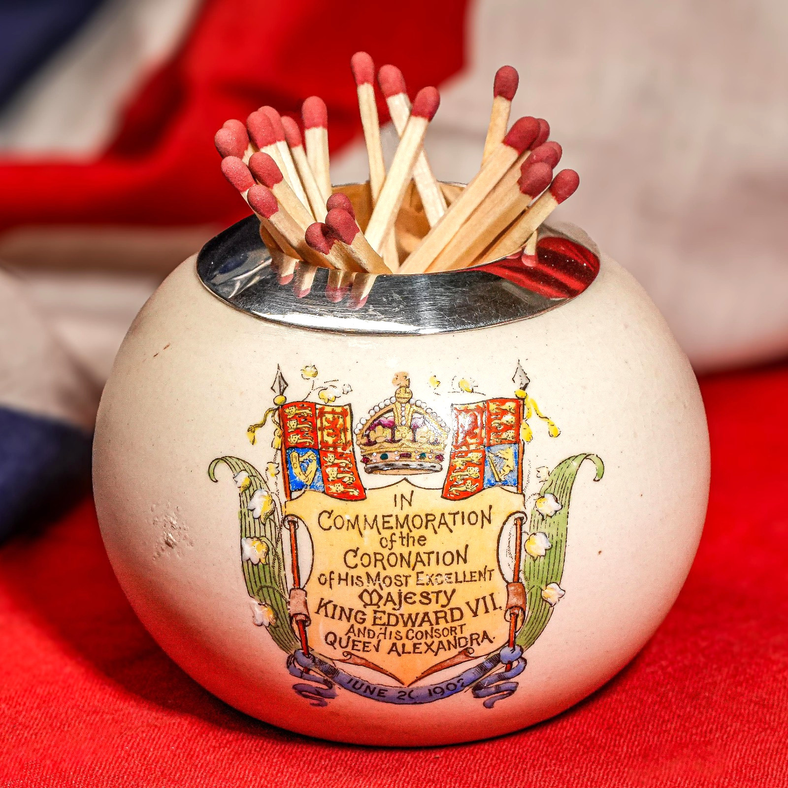 Neat King Edward VII Queen Alexandra Coronation Royalty Antique Match Holder