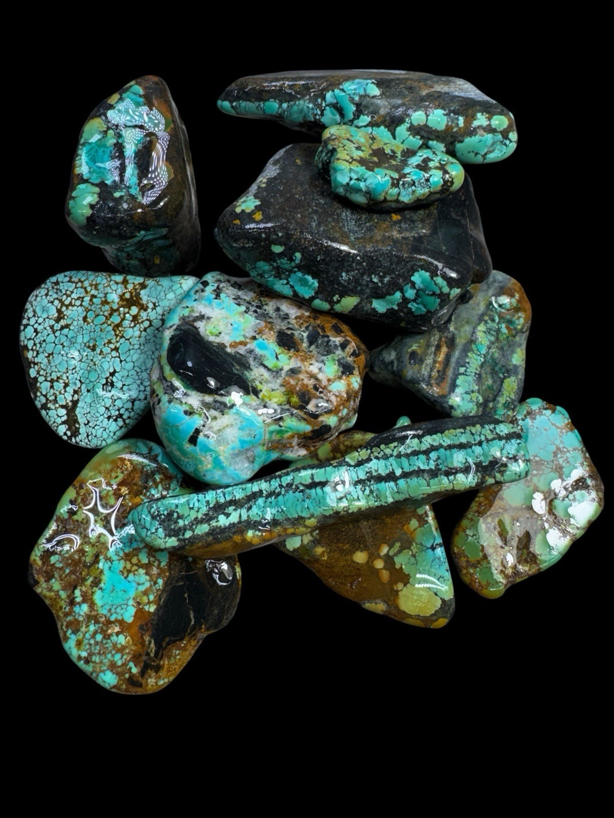 Stabilized Hubei turquoise. Poly Chrome spiderwebs One Pound