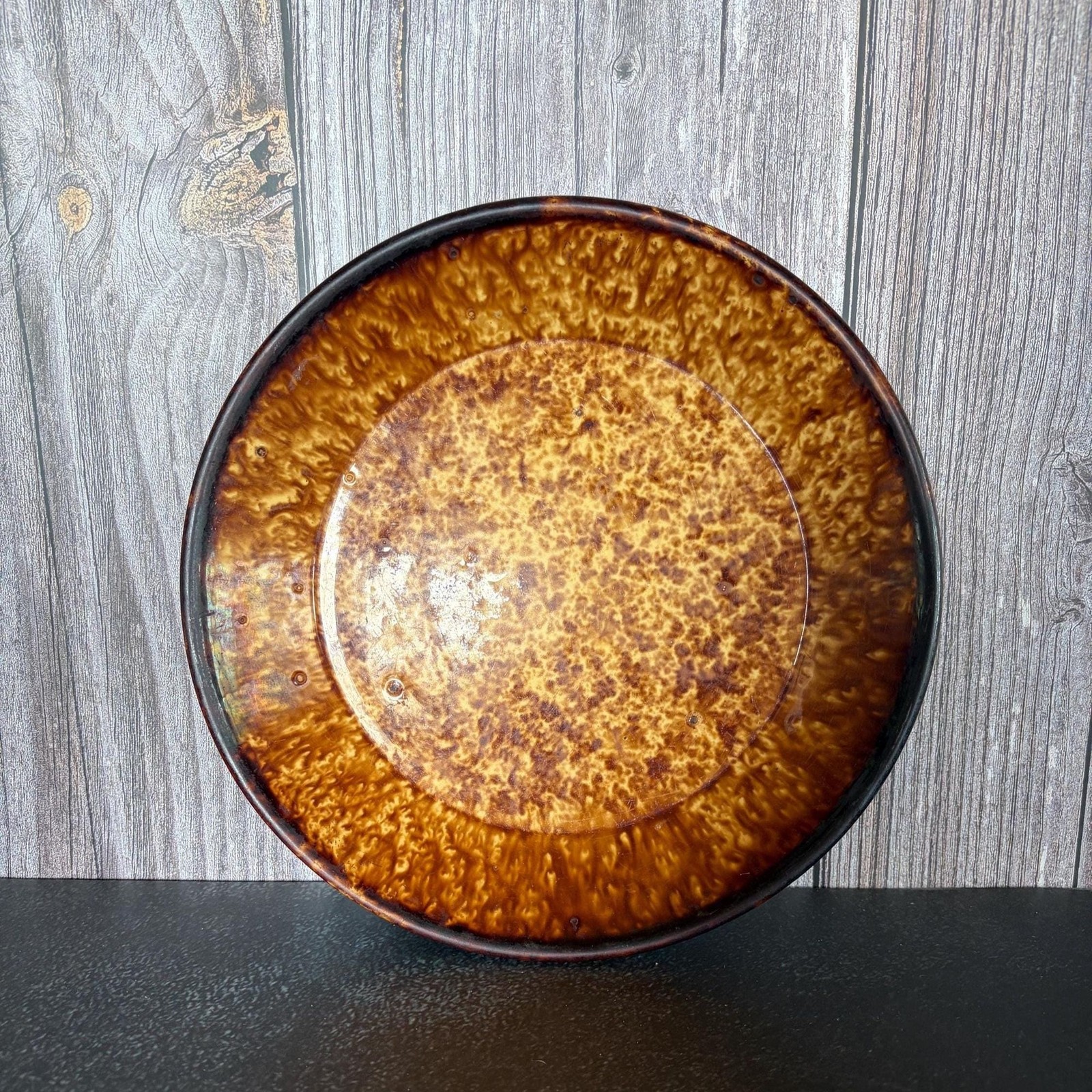 Antique 19th Century Rockingham Yellowware Pie Plate Brown Tortoiseshell Glaze