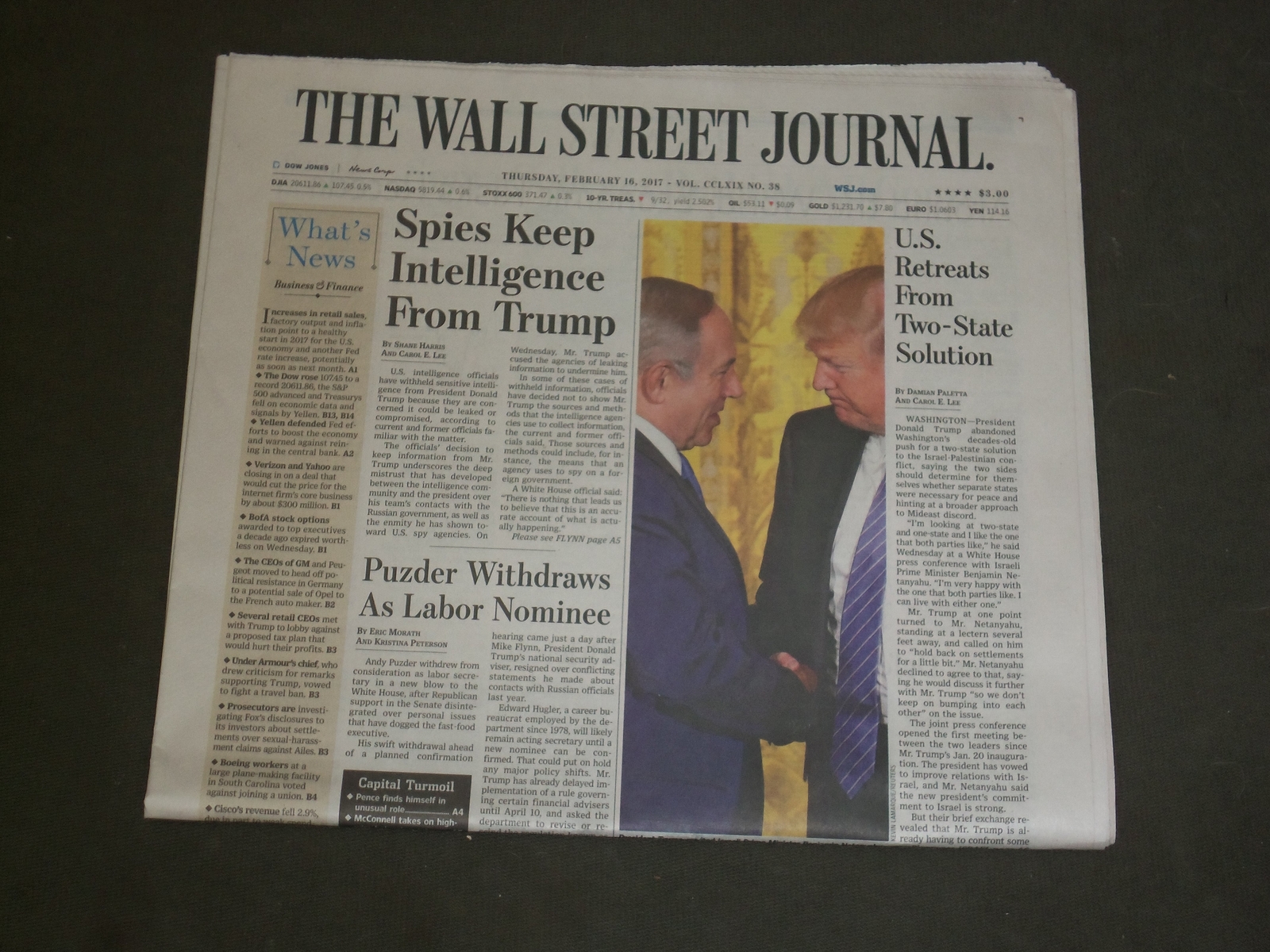 2017 FEB 16 WALL STREET JOURNAL NEWSPAPER - U.S. RETREATS FROM 2-STATE SOLUTIION