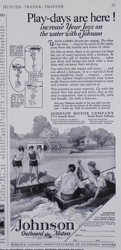 Johnson Outboard Motors Ad Hunter-Trader-Trapper Mag c1920 FD5-1