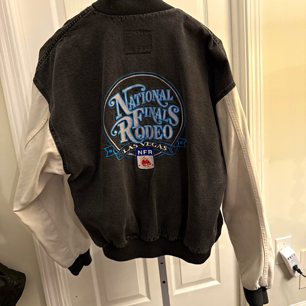 NFR Las Vegas Varsity Jacket Medium Black/White 2010 Toys for Tots Pin/Canada
