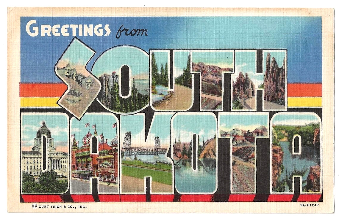 Greetings From South Dakota c1940's Mount Rushmore, Corn Palace, State House