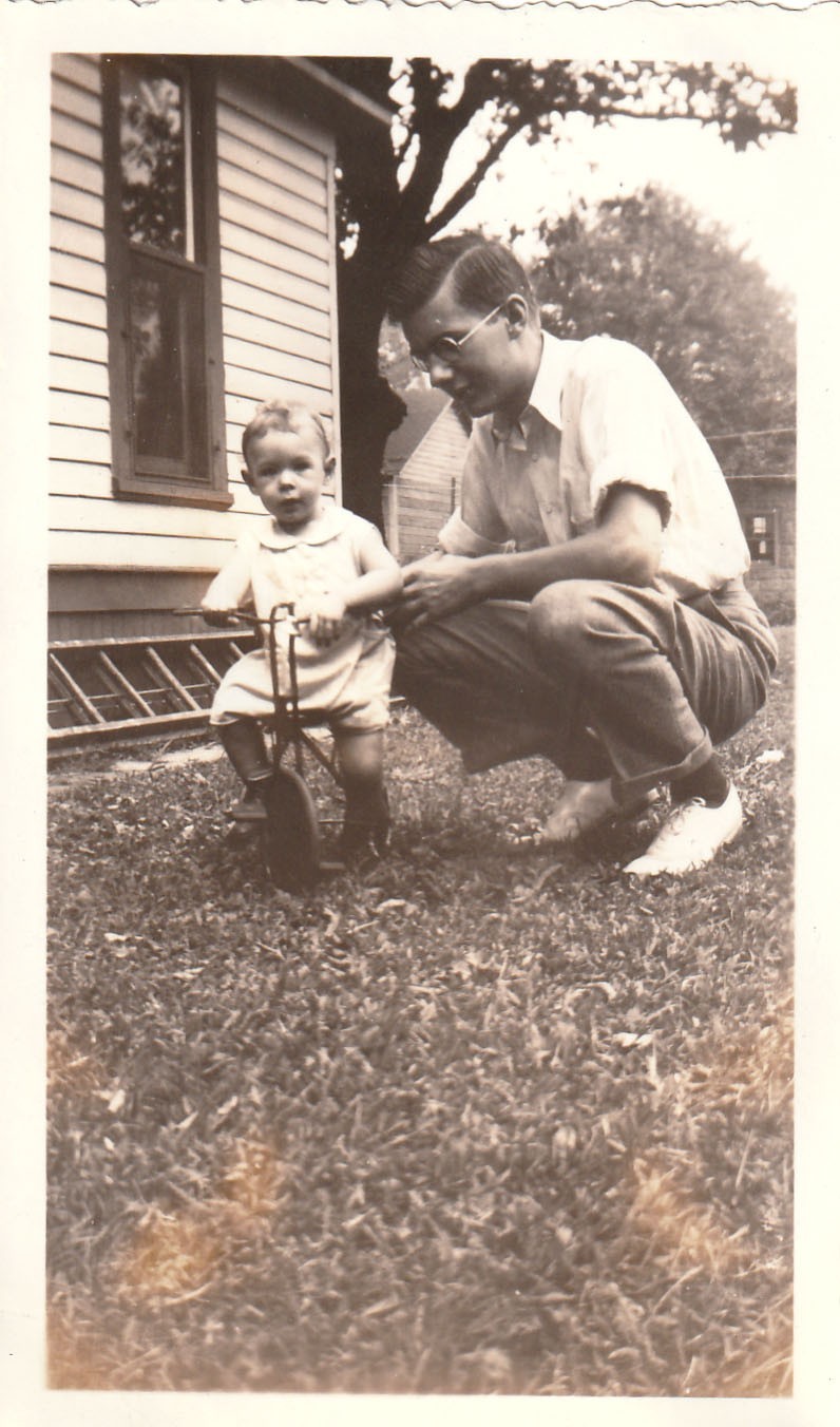 Vintage Photo 1936 Baby on First Bike Handsome Man Outdoors Ladder House USA