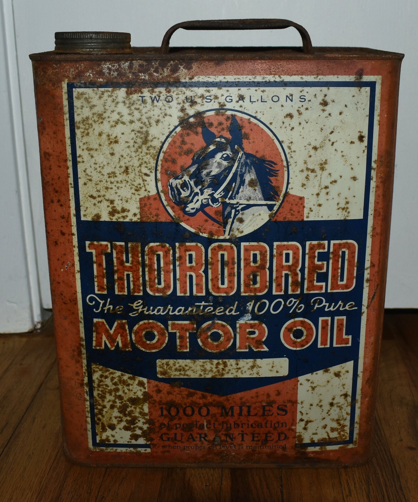 Vintage THOROBRED MOTOR OIL Advertising 2 Gallon Tin Can w HORSE