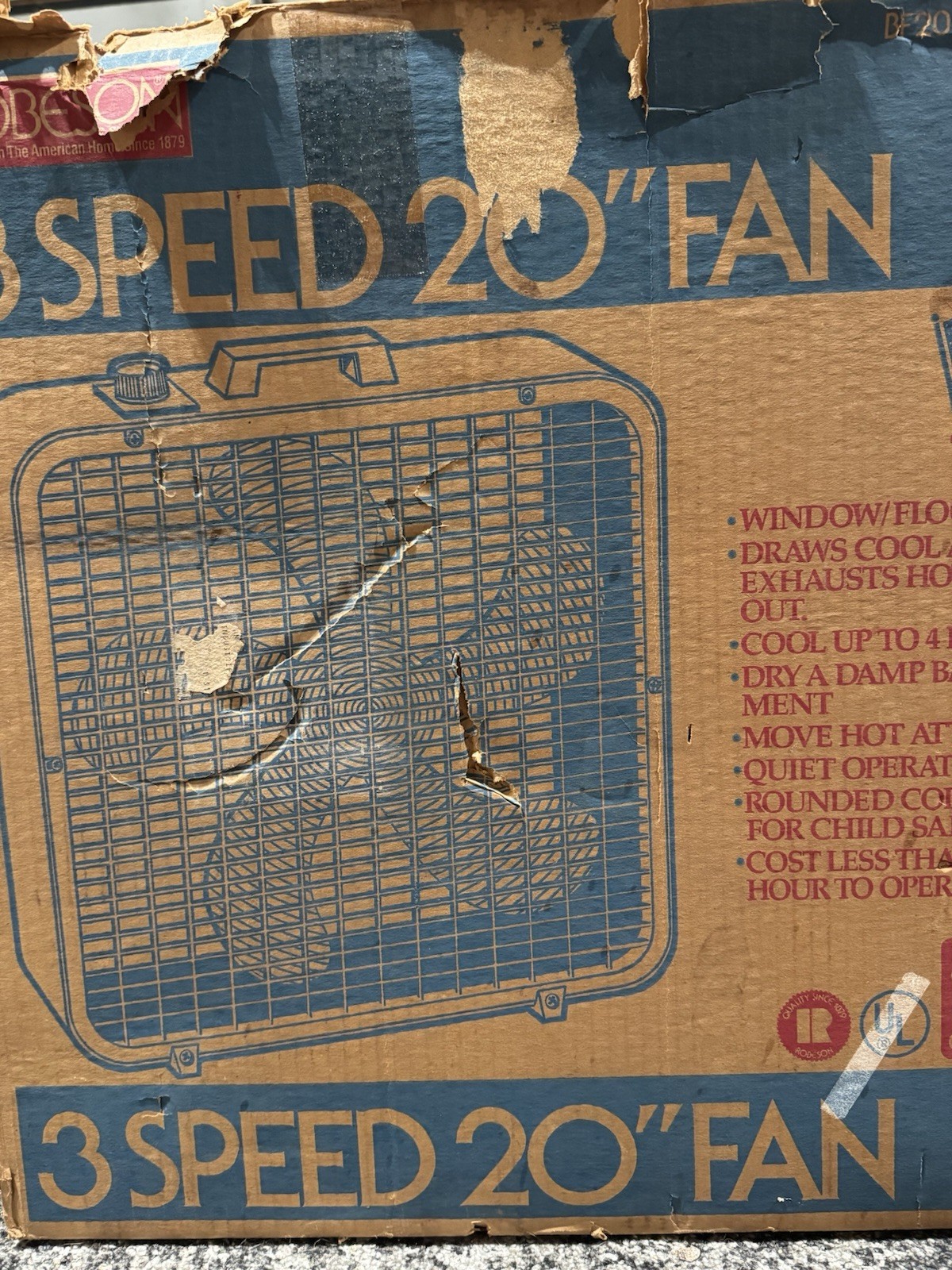 Vintage ROBESON 20 Inch Box Fan 3 Speeds Unused Original Box