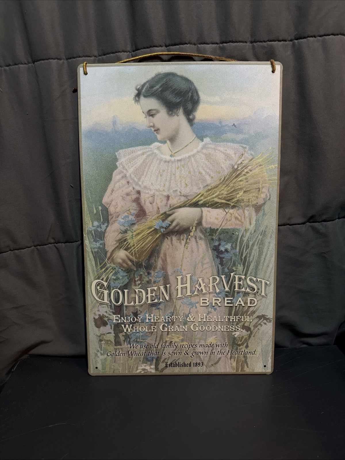 Vintage Tin Sign Golden Harvest Bread Reprint 16”L x 10”W Victorian Country Farm