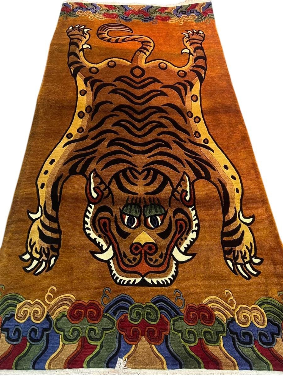 Handmade Tibetan Tiger Rug 3x6 ft | Knotted Wool Nepali Authentic Carpet