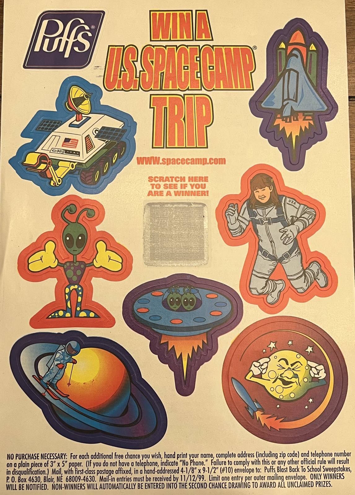 Vintage Puffs Tissues Space Camp Trip Scratch-Off Game Sticker Sheet 1999 Promo