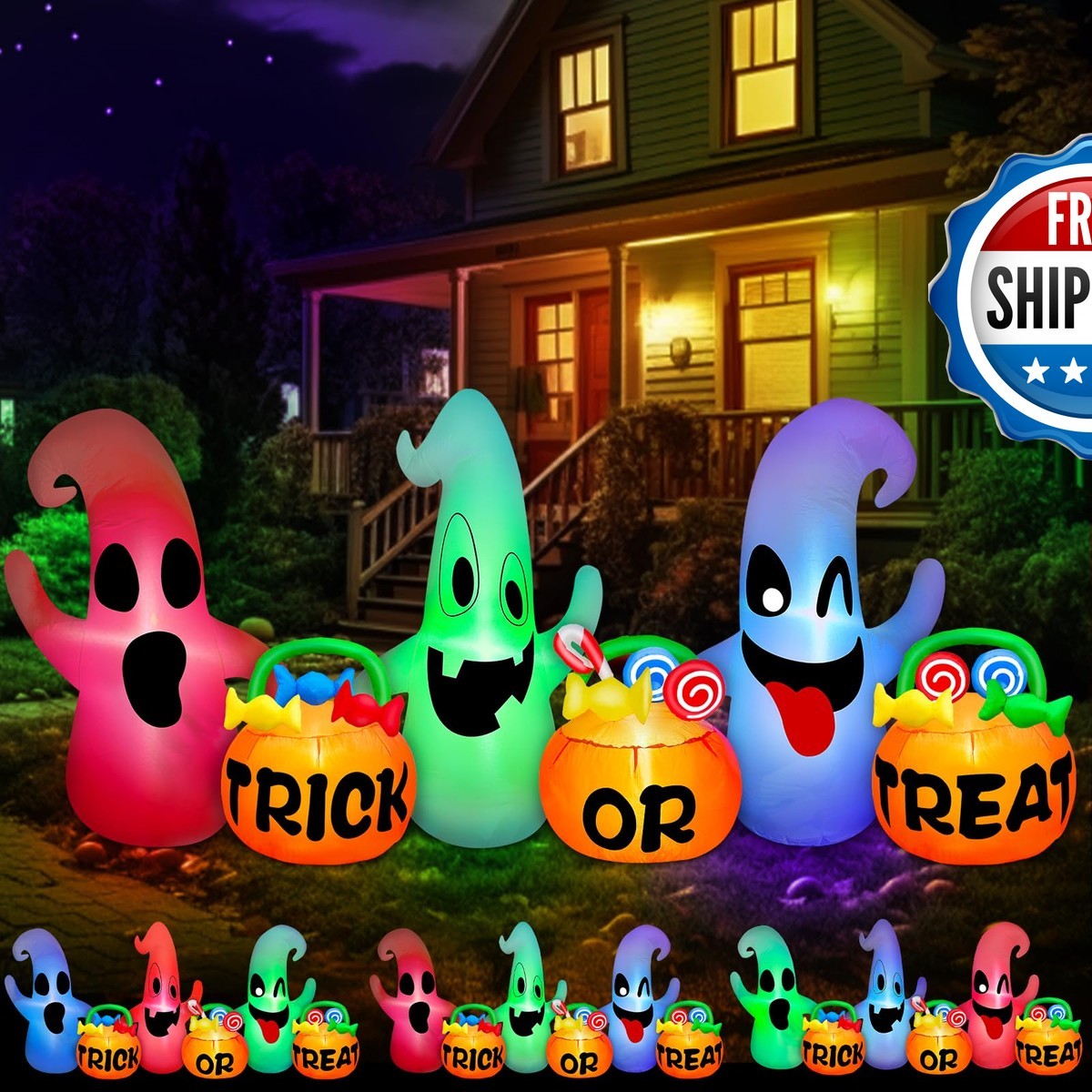 TURNMEON 8 Ft Halloween Inflatables Three Ghosts Pumpkin Candy Bags 3 Colors