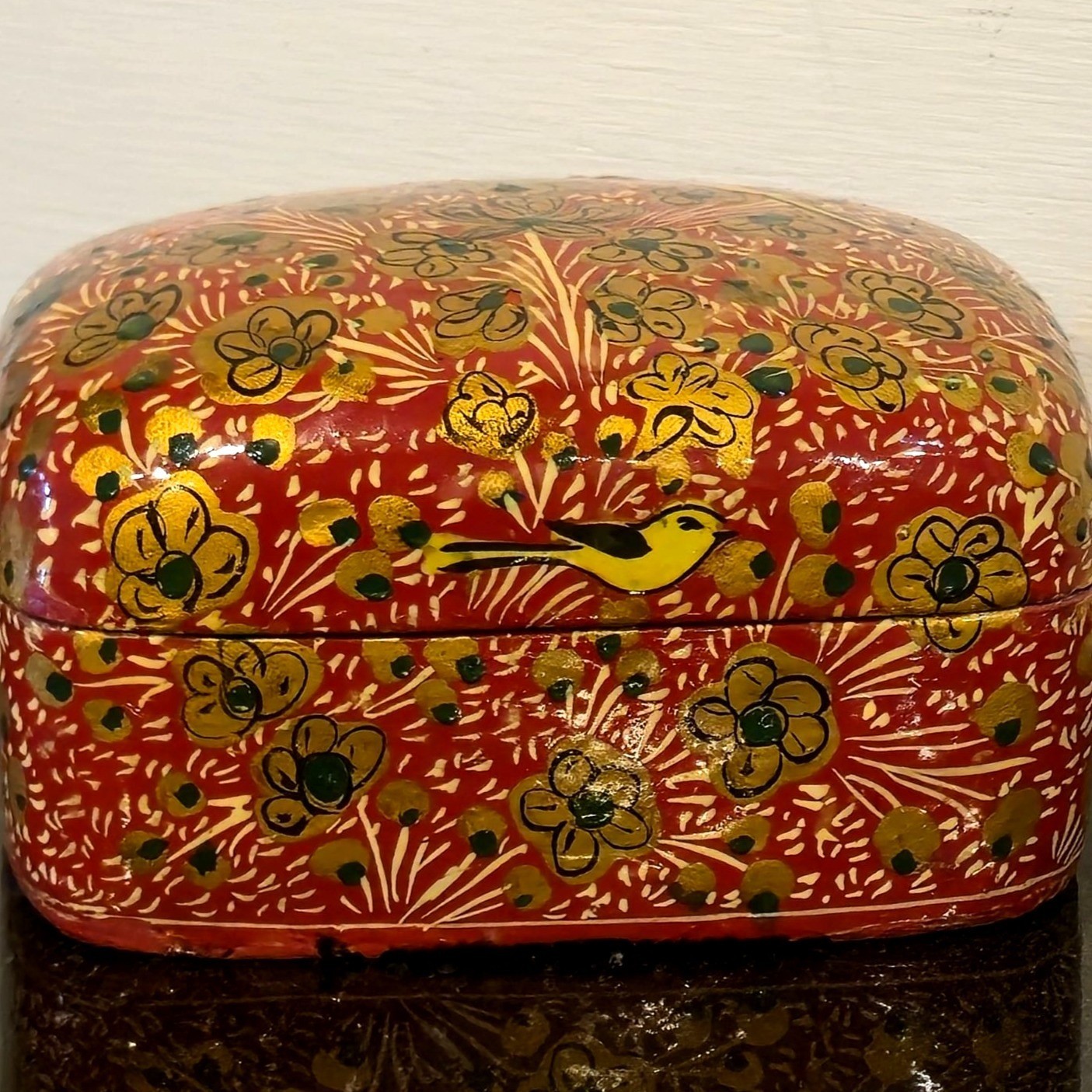 Vintage Kashmir Paper Mache Box Hand Painted Red Floral Bird Trinket Boho Decor