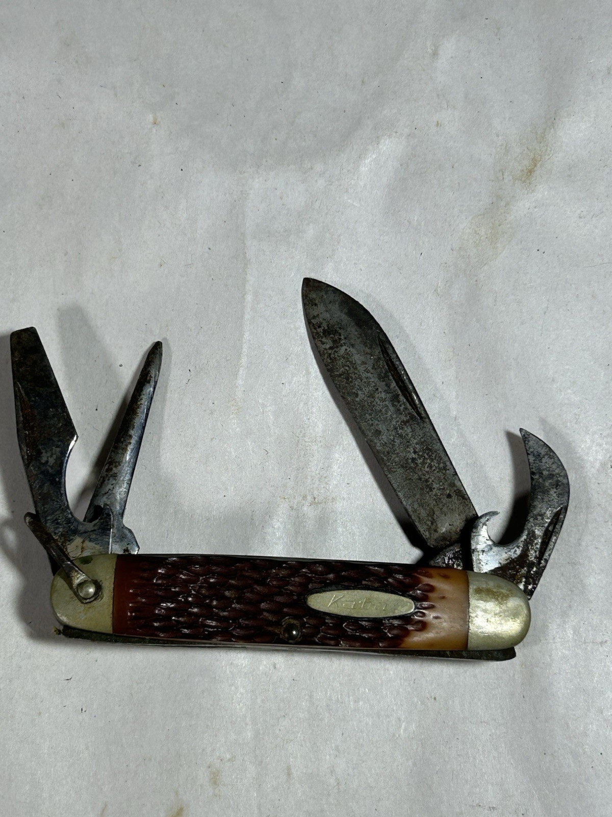 Vintage Ka-Bar Union Cut Co 1152 Utility Pocket Knife Jigged Bone Handle 4-Blade