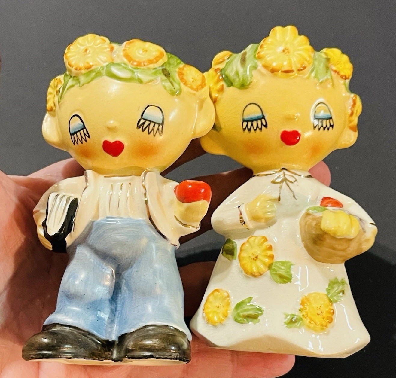 VTG Lipper & Mann Salt And Pepper Shakers -Yellow Roses Boy And Girl Set