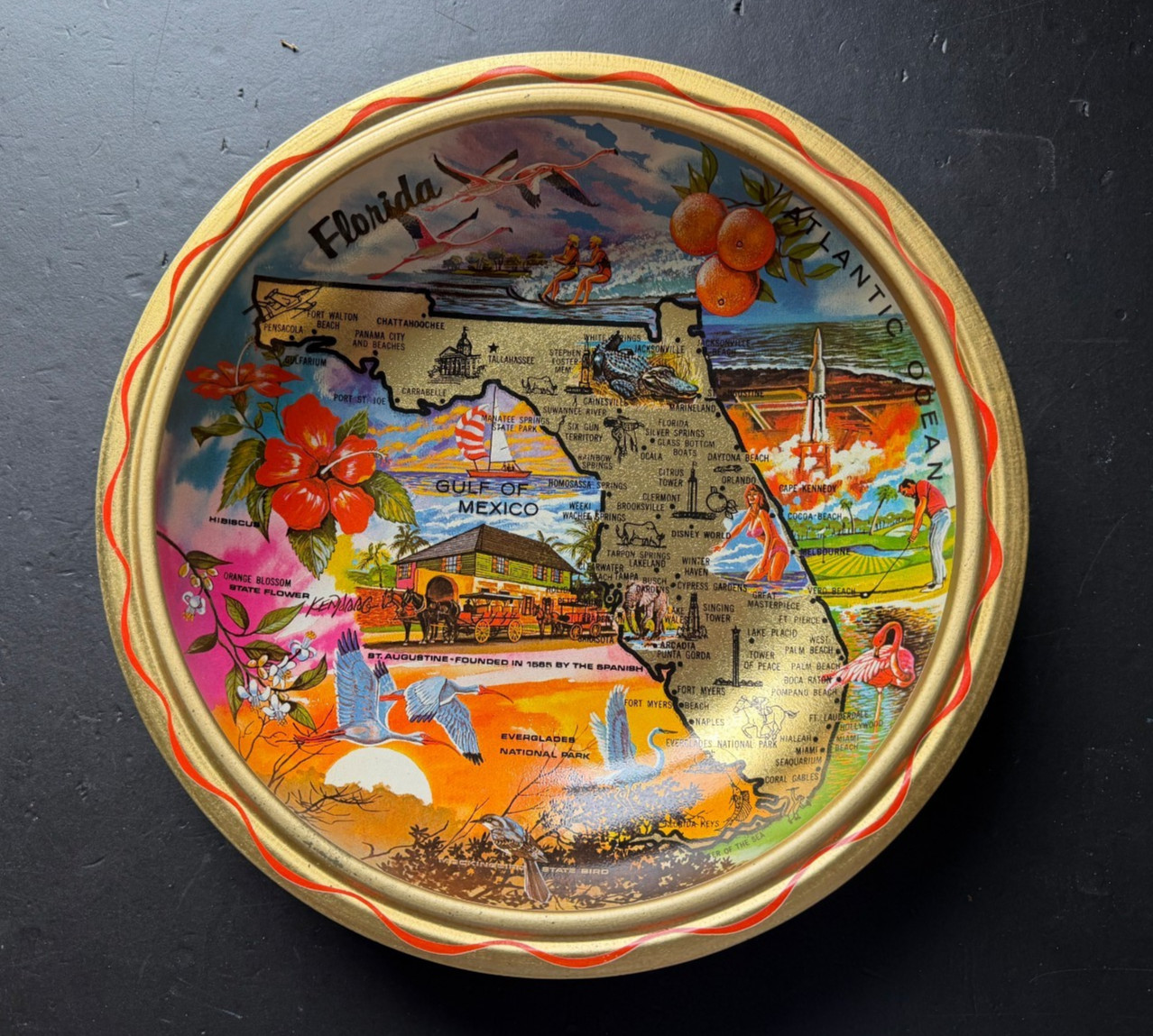 Vintage FLORIDA Souvenir Map Metal Tin 10” Bowl By Ken Haag