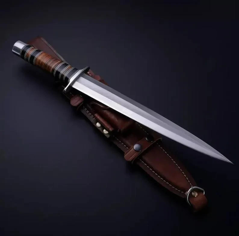 Handcrafted Classic Leather-Stacked Combat Dagger with Custom Leather Sheath