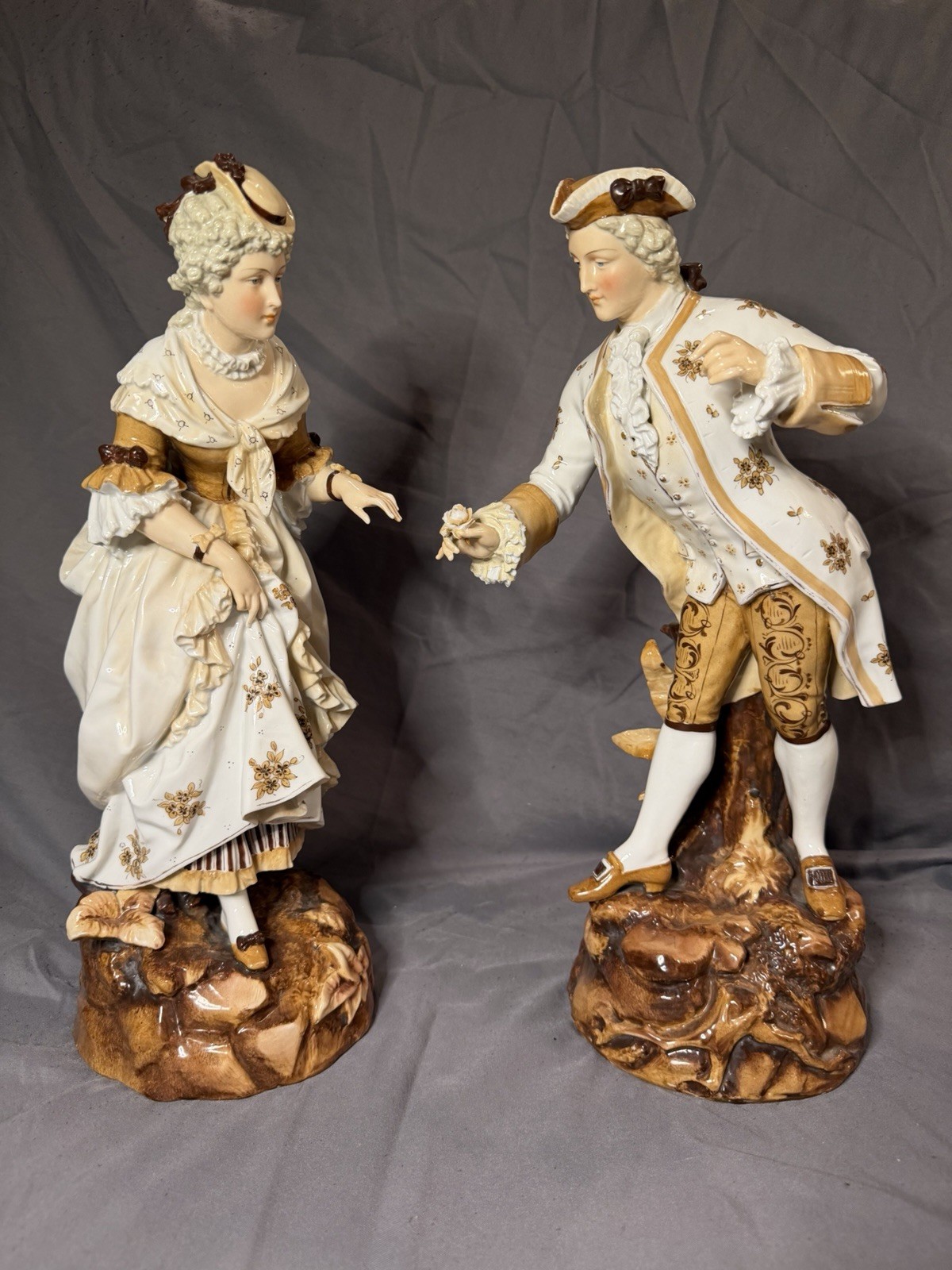 RARE Antique German Volkstedt Porcelain Courting Couple Figurines Pair 16”