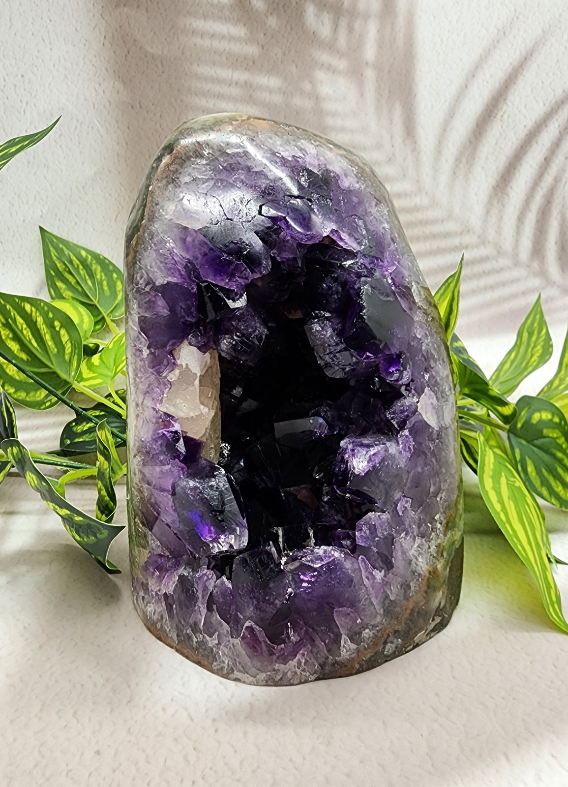 Natural Amethyst Geode Cluster, Uruguay Deep Purple Big Teeth And Calcite 
