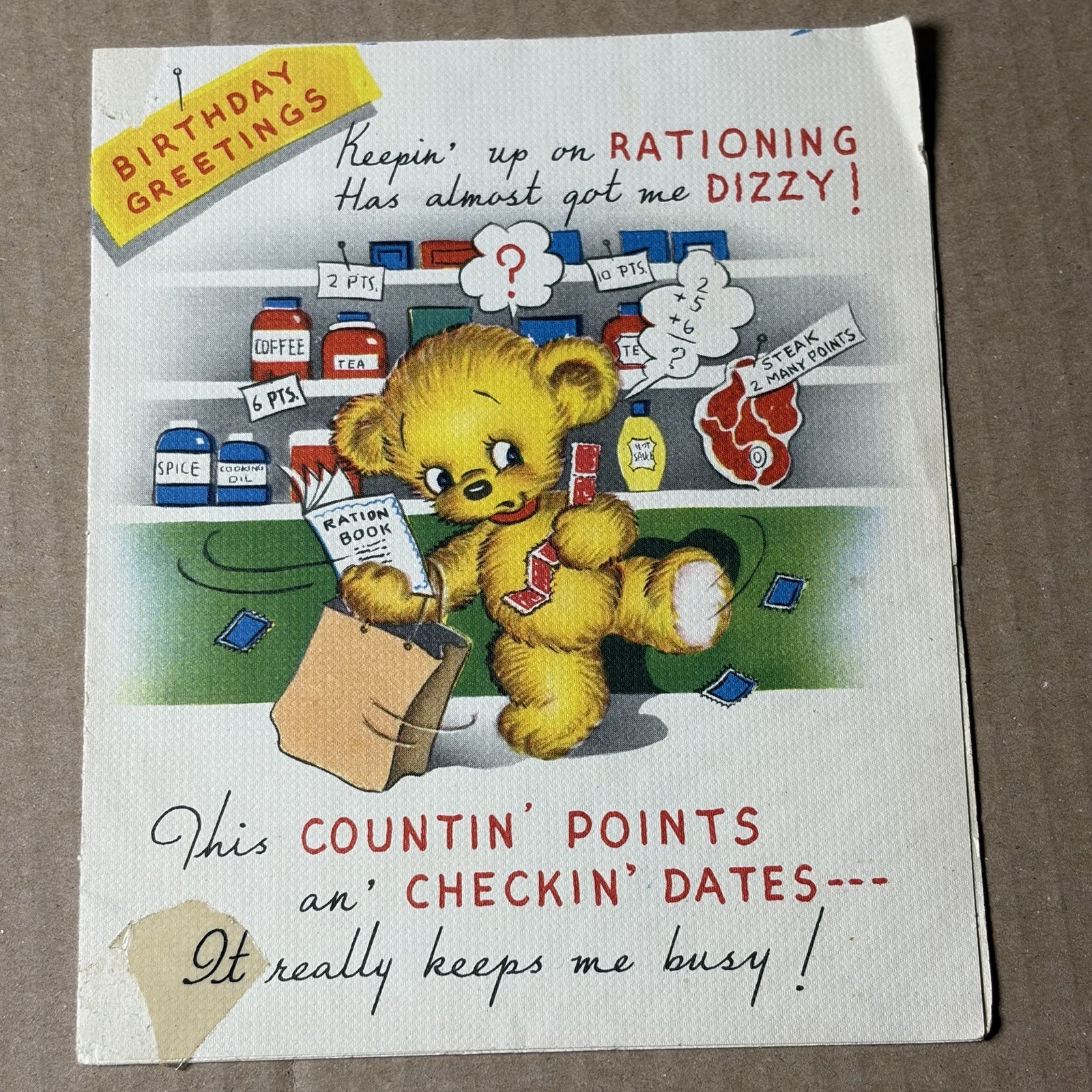 Vintage 1940s WW2 Birthday Card Rationing Bear Home Front Humorous
