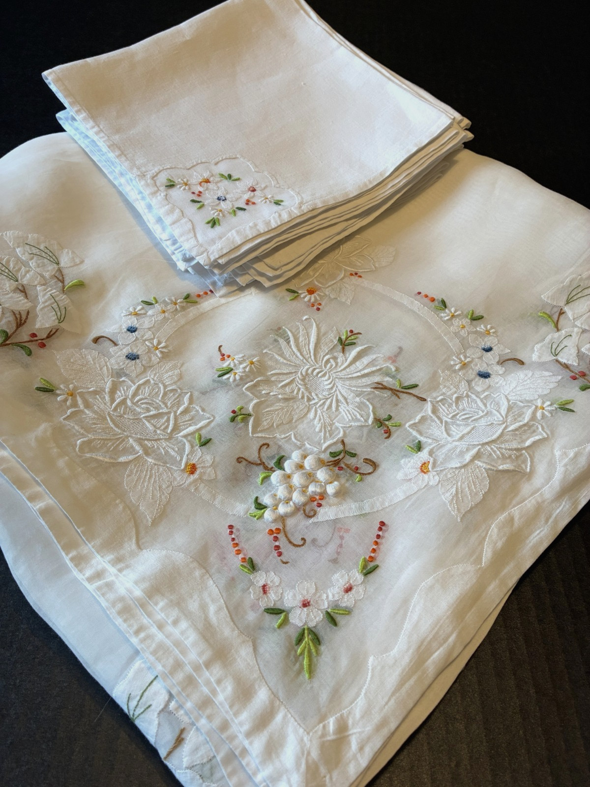 Vtg. Madeira Hand Embroidered Organdy Linen Tablecloth  11 Napkins Floral 120x66