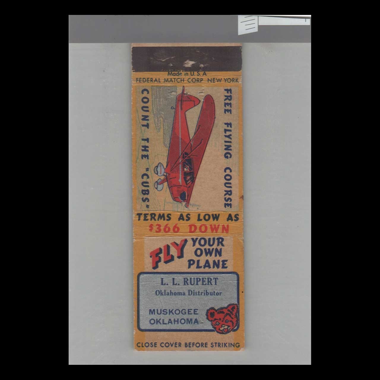 Matchbook Cover Piper Cub Aircraft Dealer L.L. Rupert Muskogee, OK