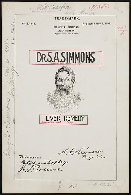 Photo:Dr S A Simmons Liver Remedy Trade Mark 1899 Sidney A Simmons