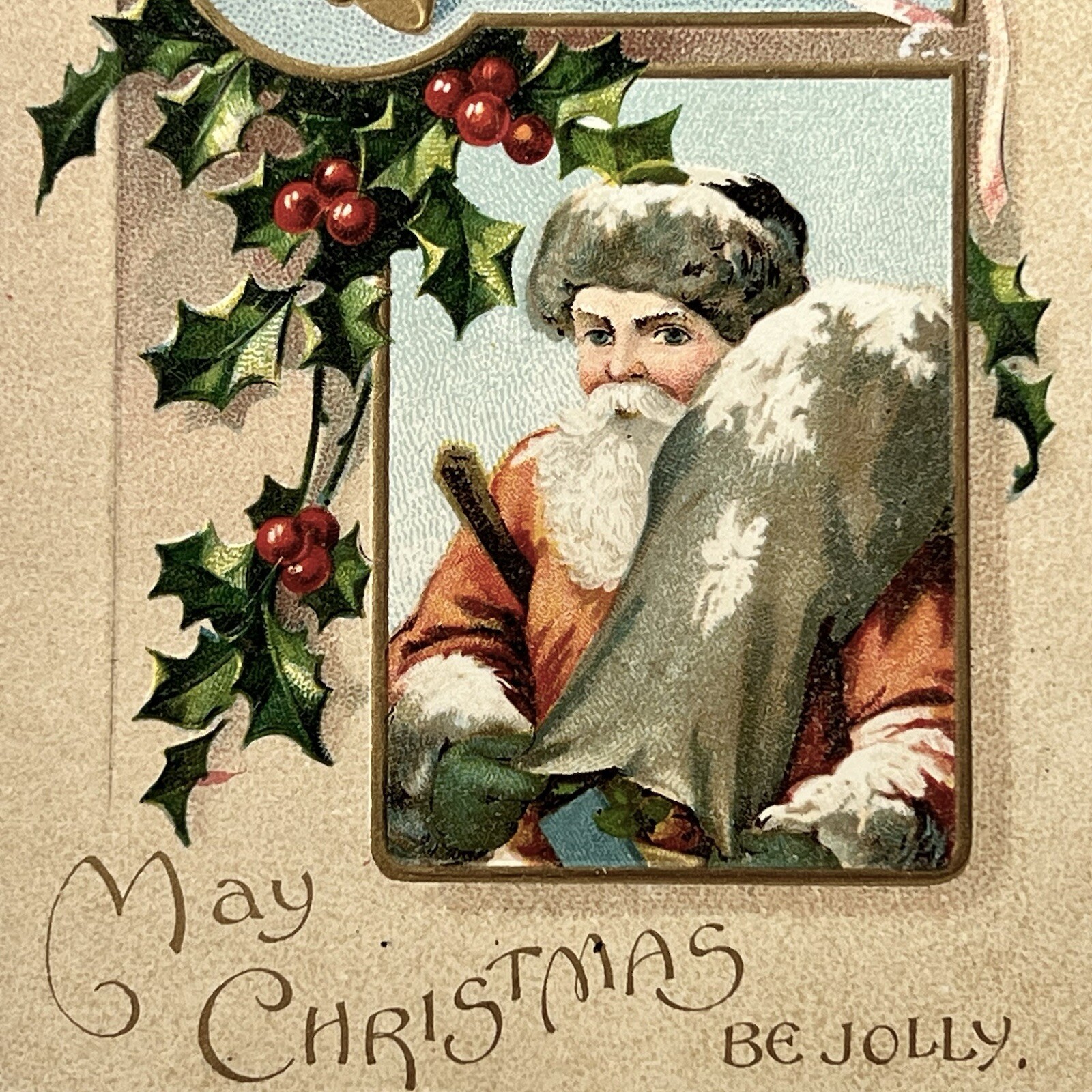 Antique Embossed Christmas Santa Claus Postcard Orange Coat Sack Of Toys