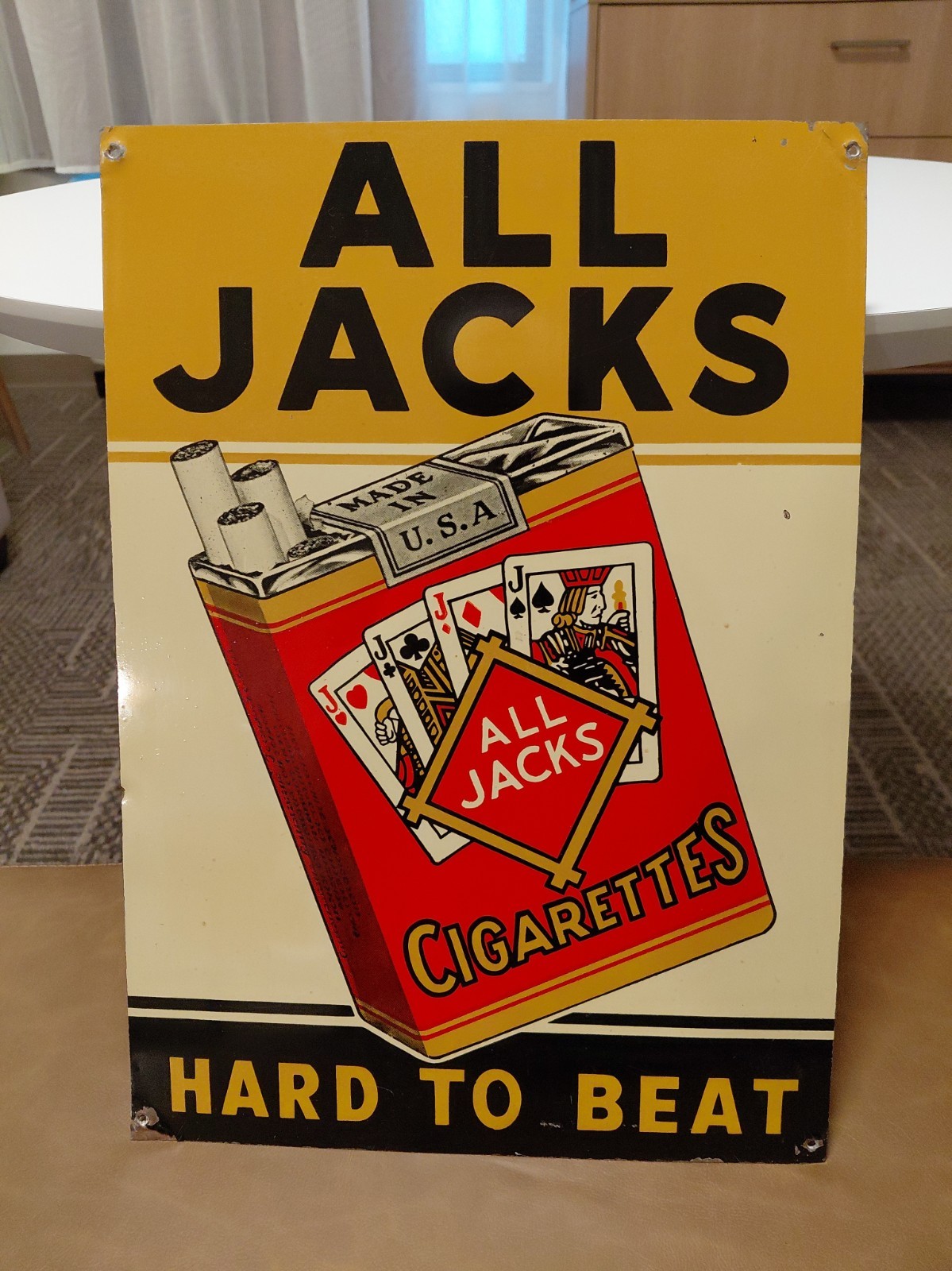 c.1950s Original Vintage All Jacks Cigarettes Sign Metal Tobacco Graphics Clean