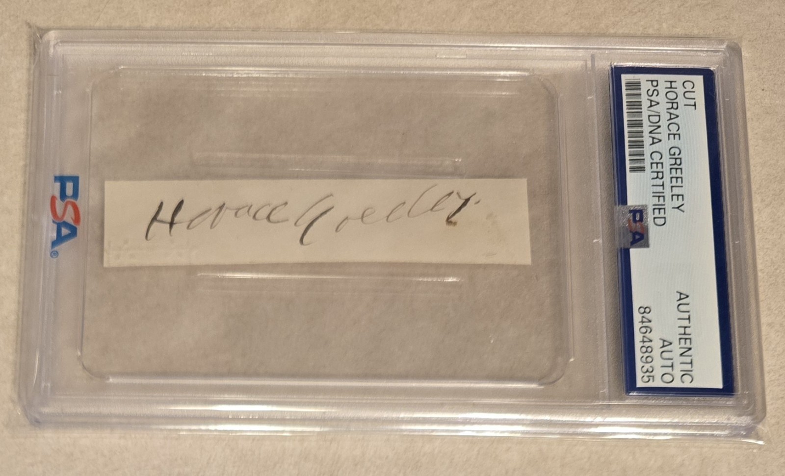 Horace Greeley d1872 signed autograph .5x3 cut New-York Tribune Founder PSA Slab