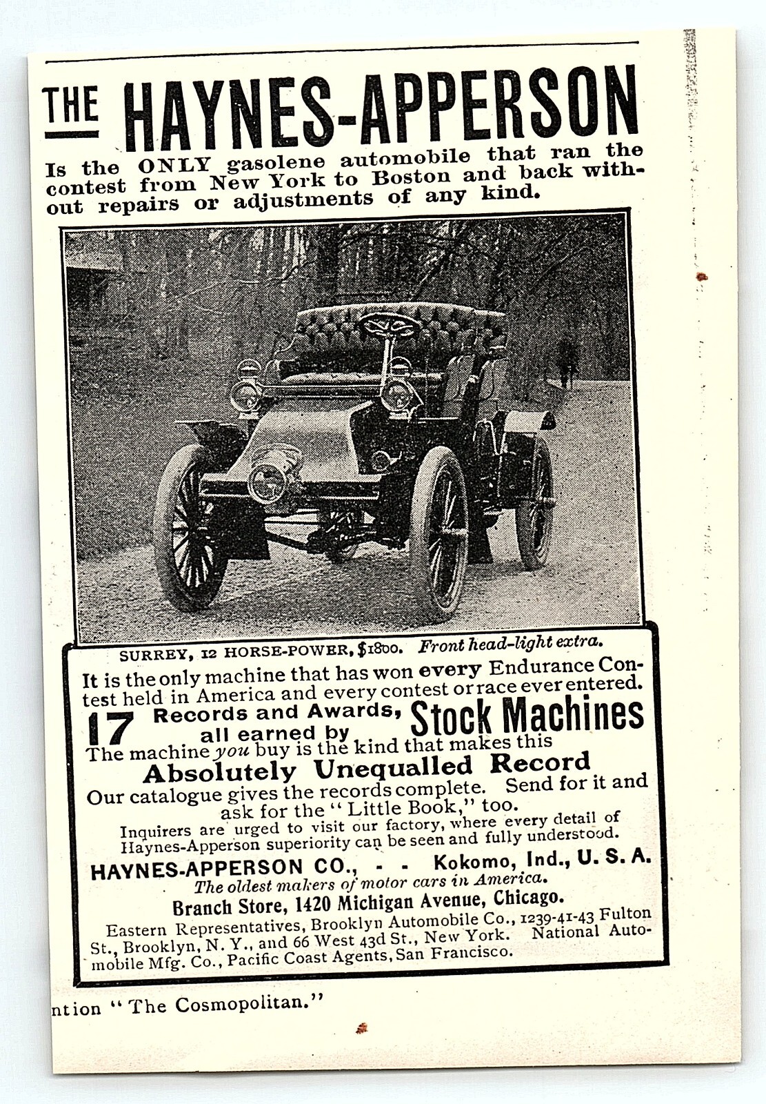 c1905 THE HAYNES-APPERSON AUTOMOBILE VINTAGE PRINT ADVERTISEMENT Z7192