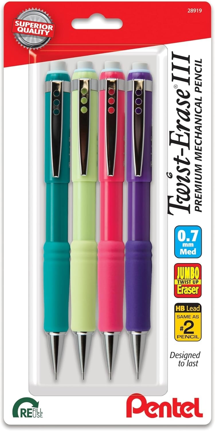 Pentel Twist-Erase III Mechanical Pencil, (0.7mm), Assorted Barrels, Pack of 4