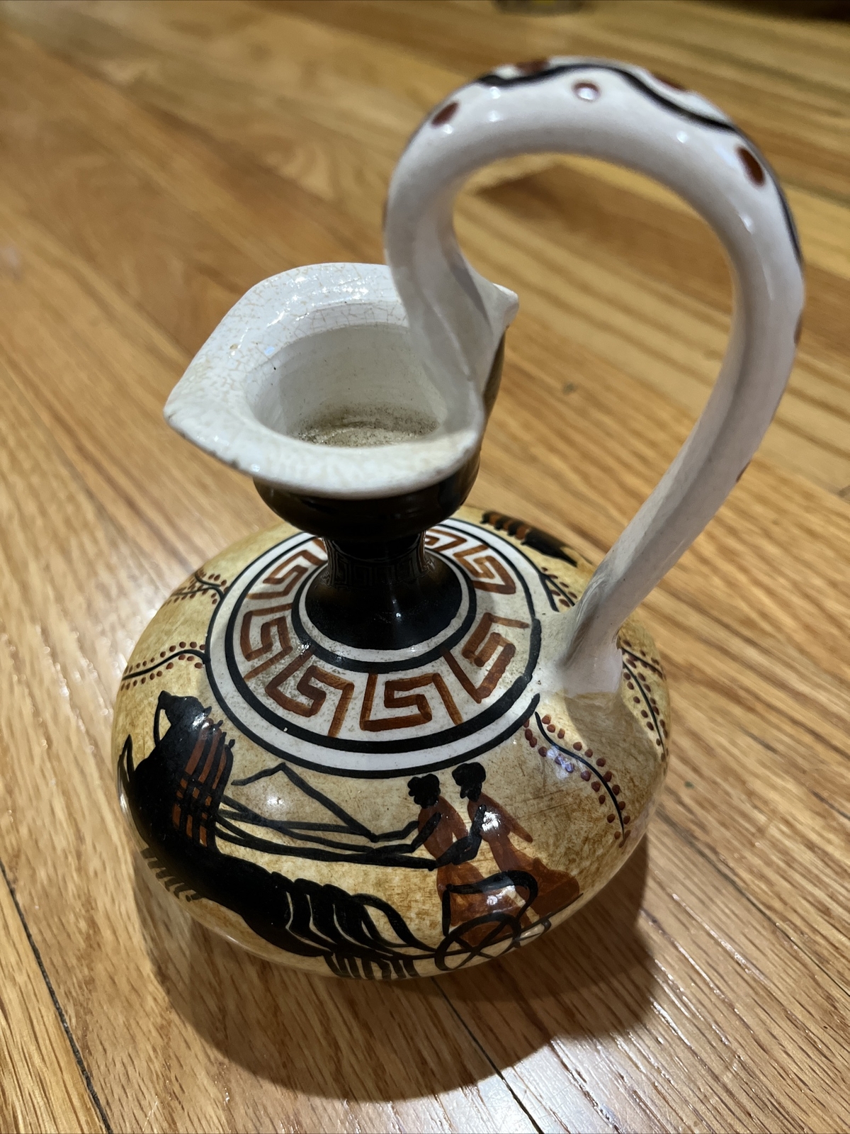 Vintage Kutahia Athens Greece Small Pitcher Hand Painted Chariot Black Horses