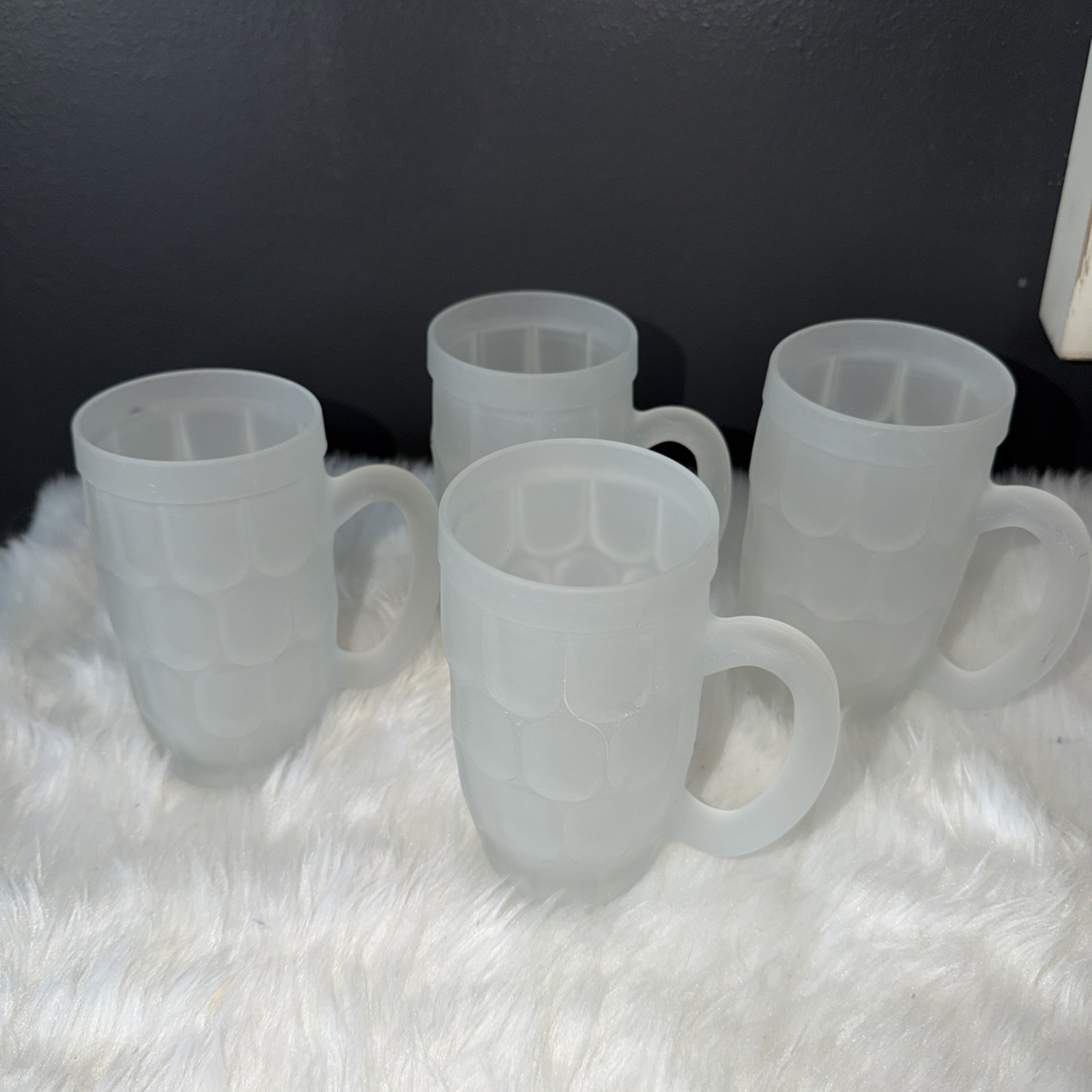 Vintage Indiana Glass / Lancaster Colony Frosted  Thumbprint Pattern Mugs Set 4